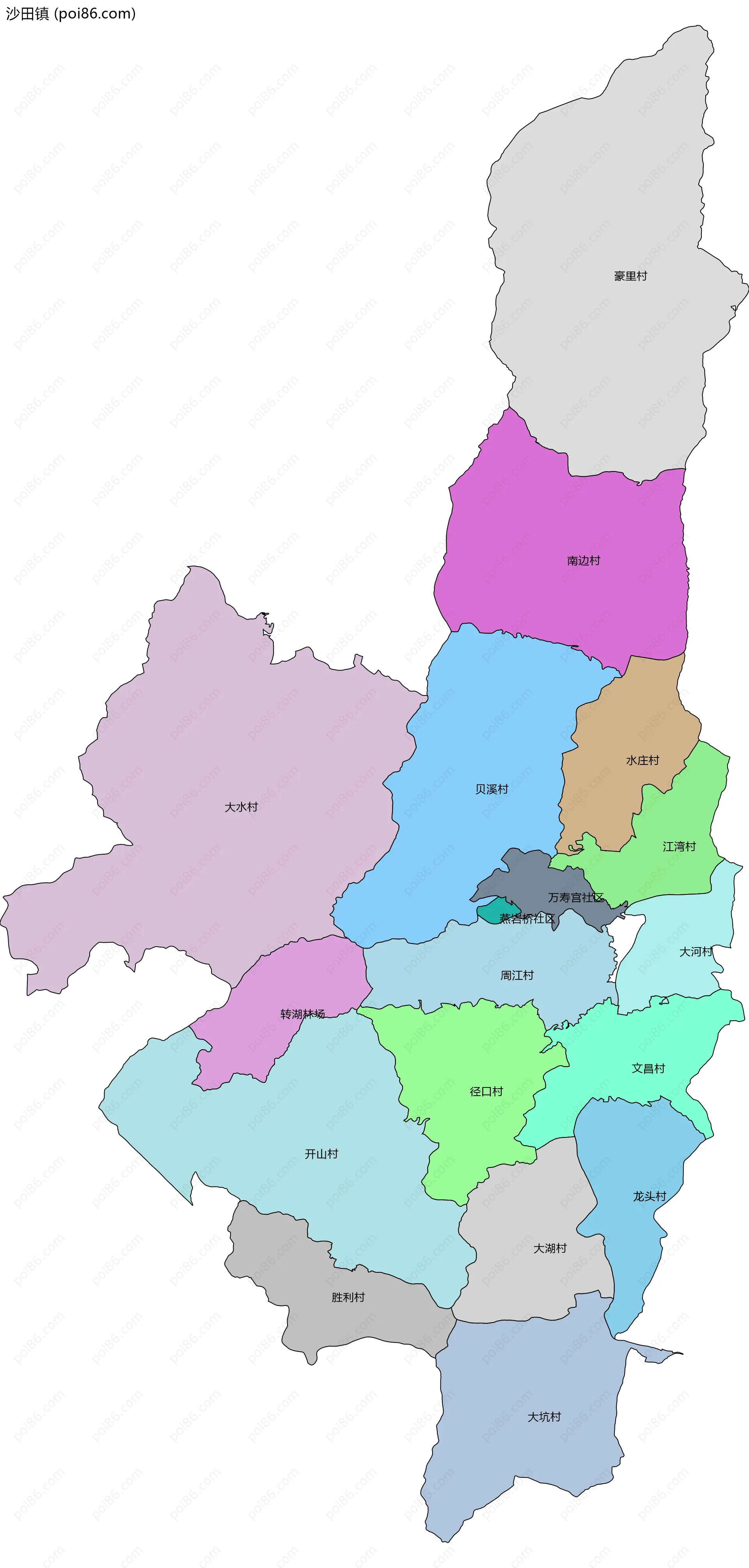 沙田镇边界地图(五级行政区划)