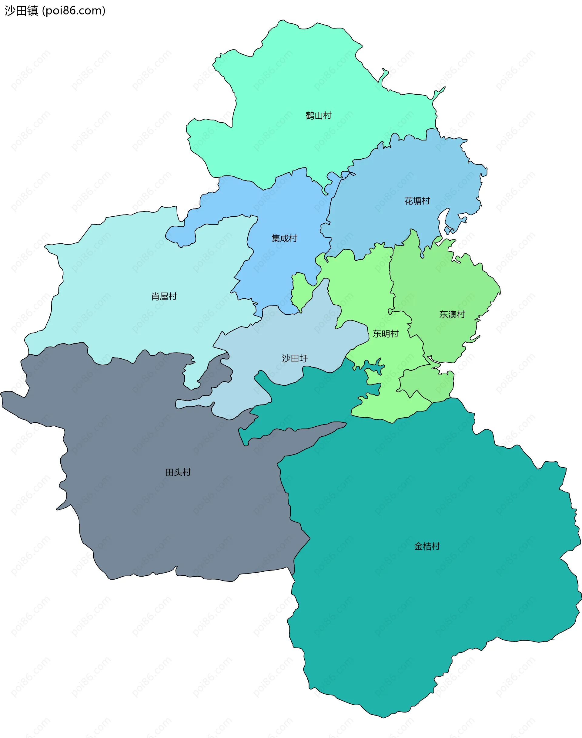 沙田镇边界地图(五级行政区划)