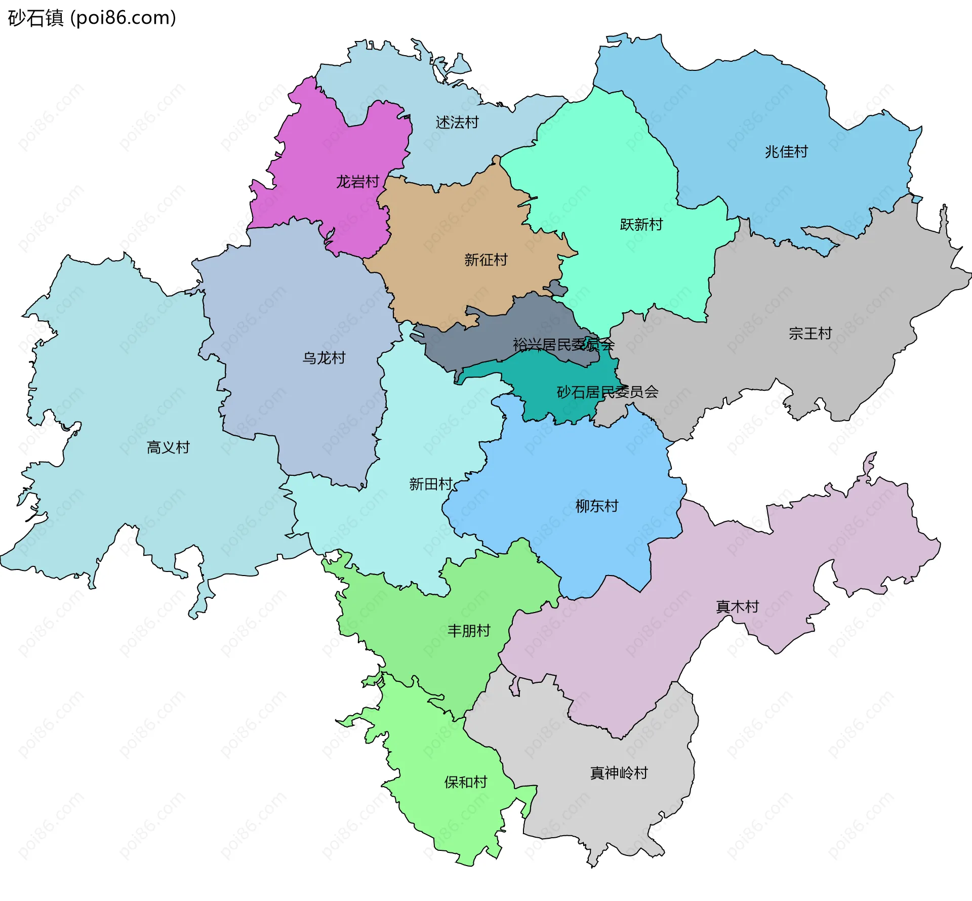 砂石镇边界地图(五级行政区划)