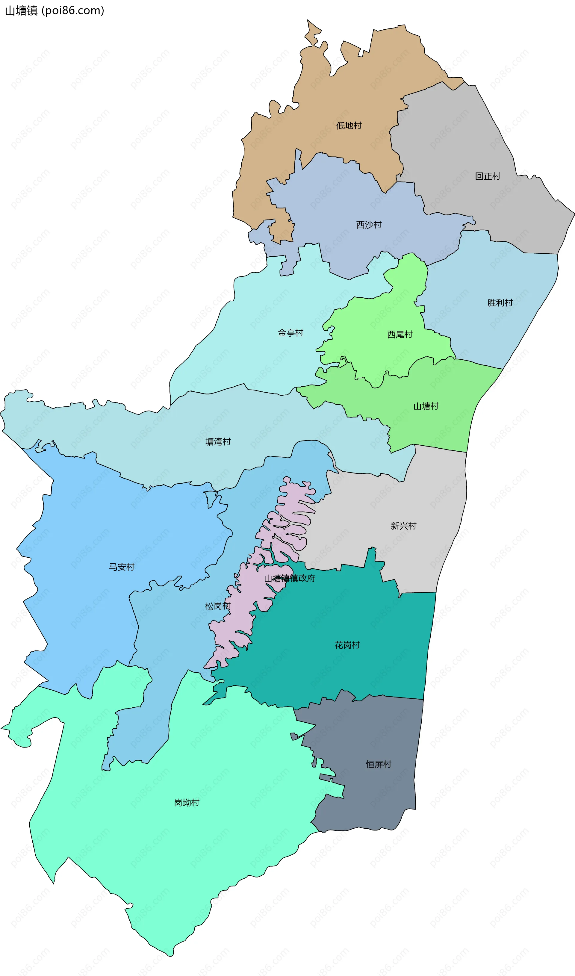 山塘镇边界地图(五级行政区划)