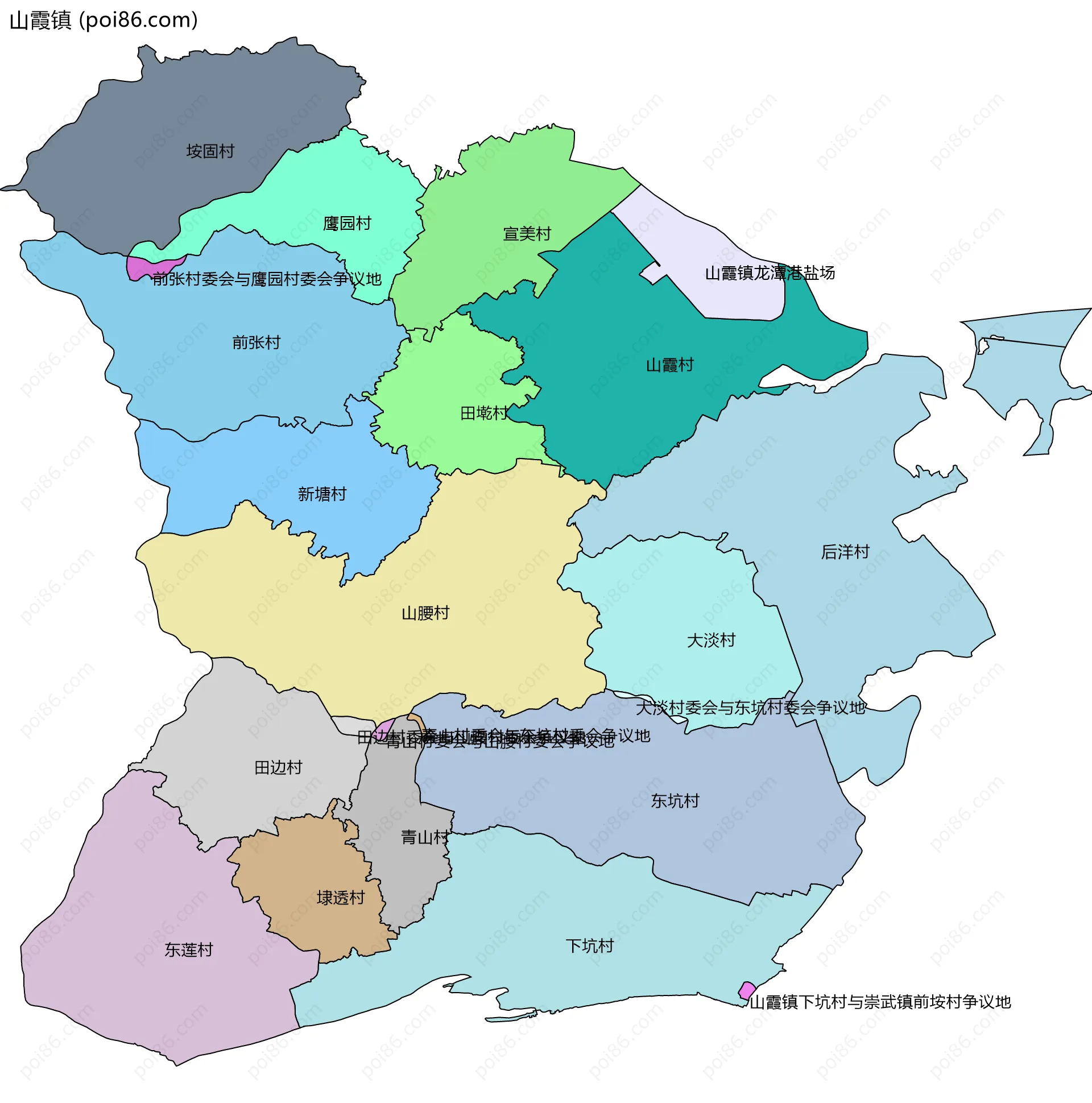 山霞镇边界地图(五级行政区划)