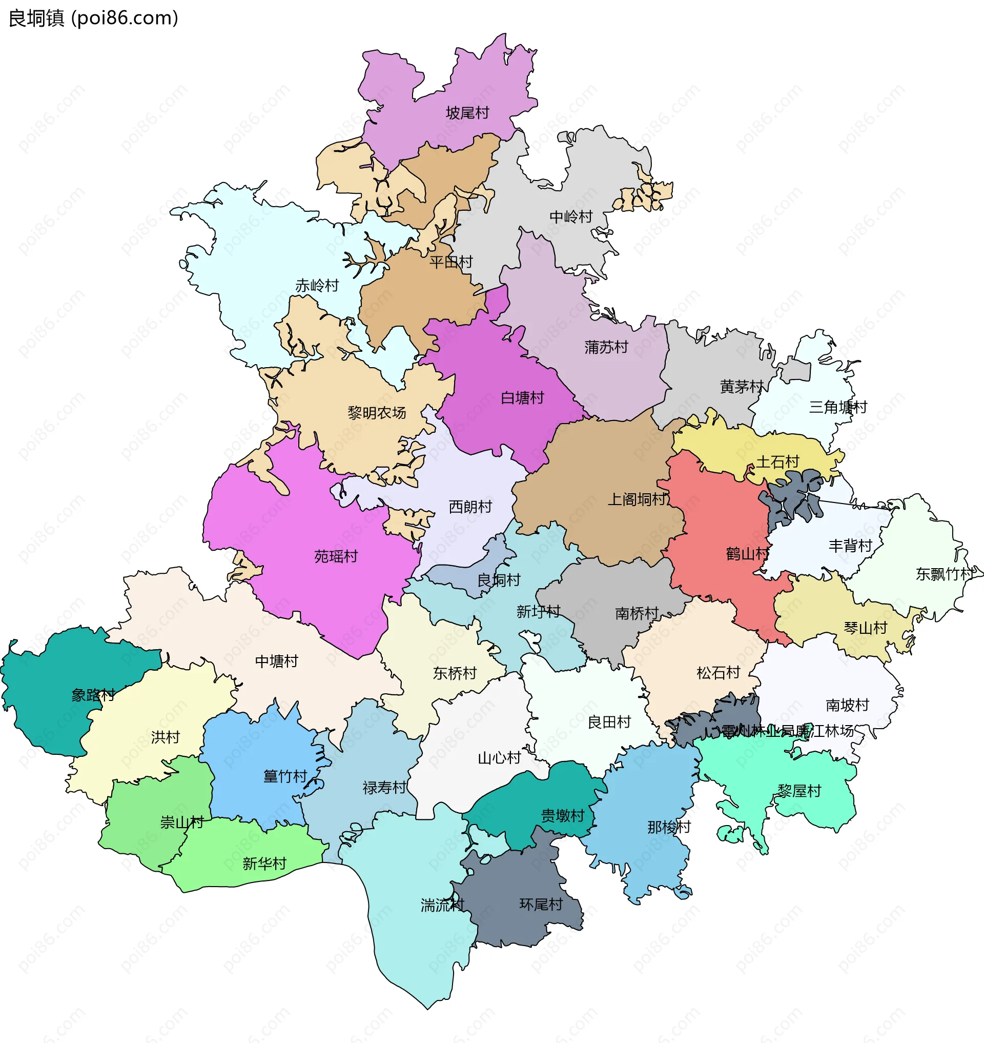 良垌镇边界地图(五级行政区划)