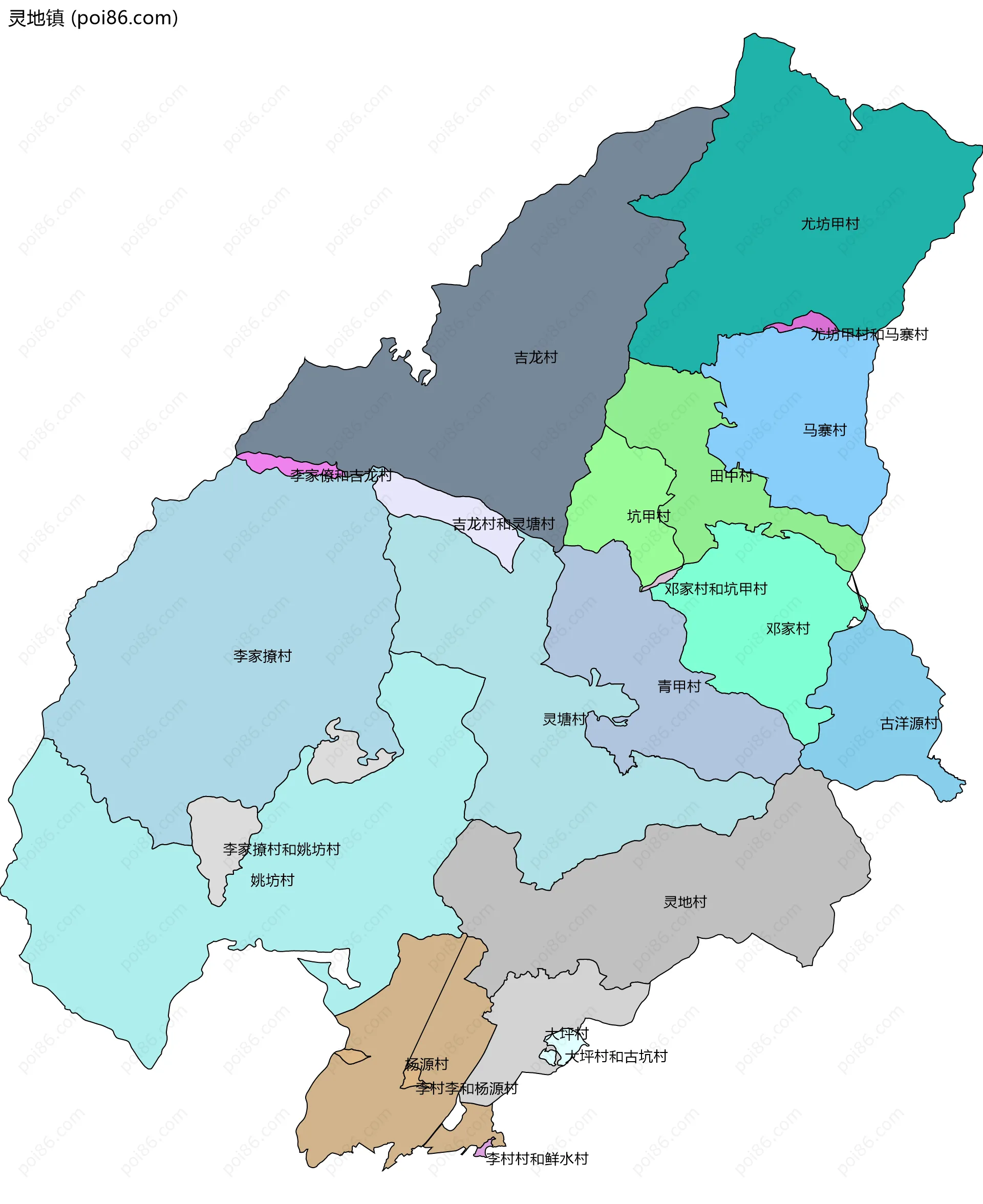 灵地镇边界地图(五级行政区划)