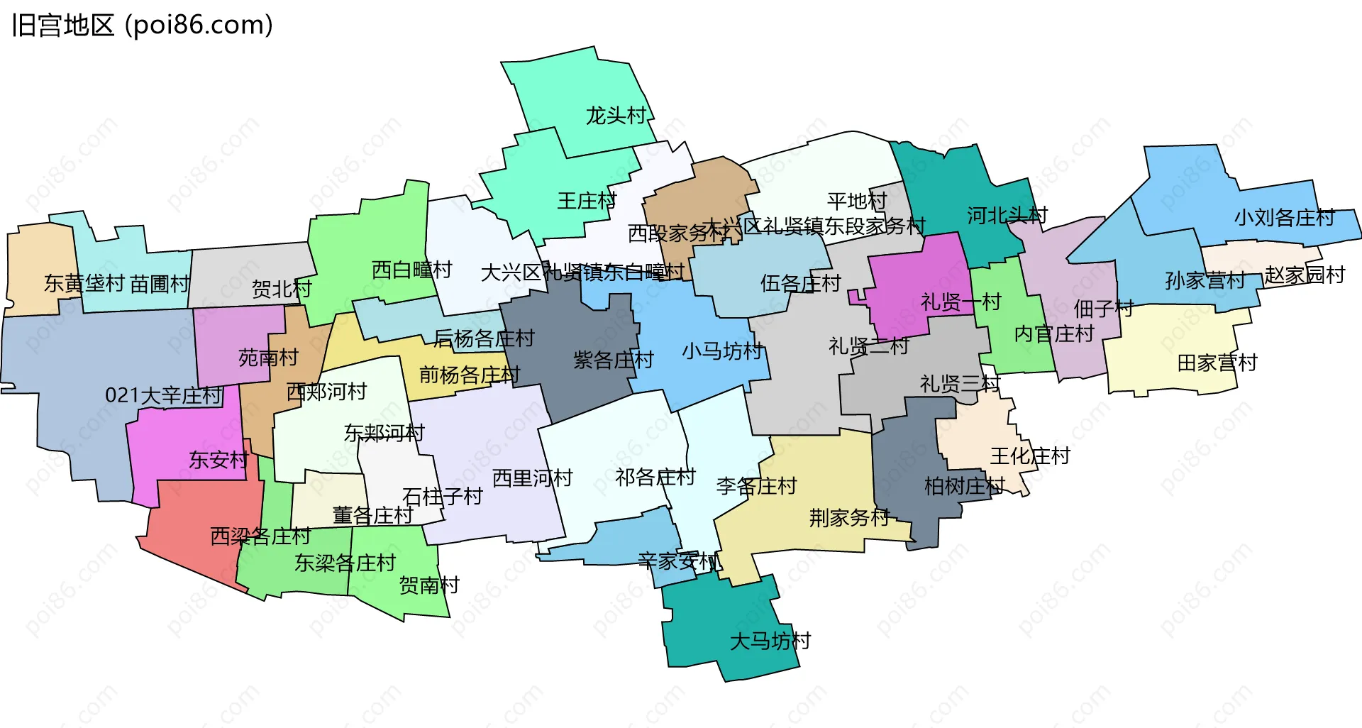 旧宫地区边界地图(五级行政区划)