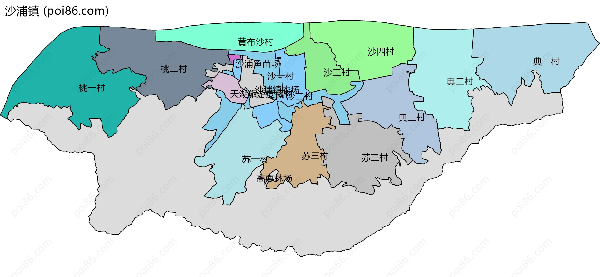 沙浦镇边界地图(五级行政区划)