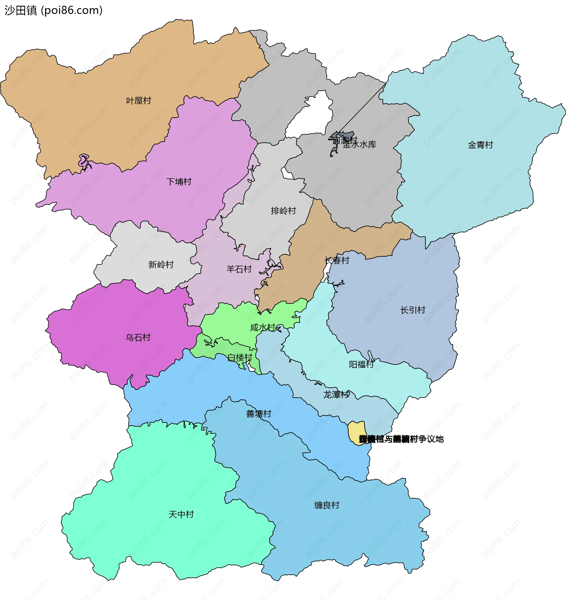 沙田镇边界地图(五级行政区划)