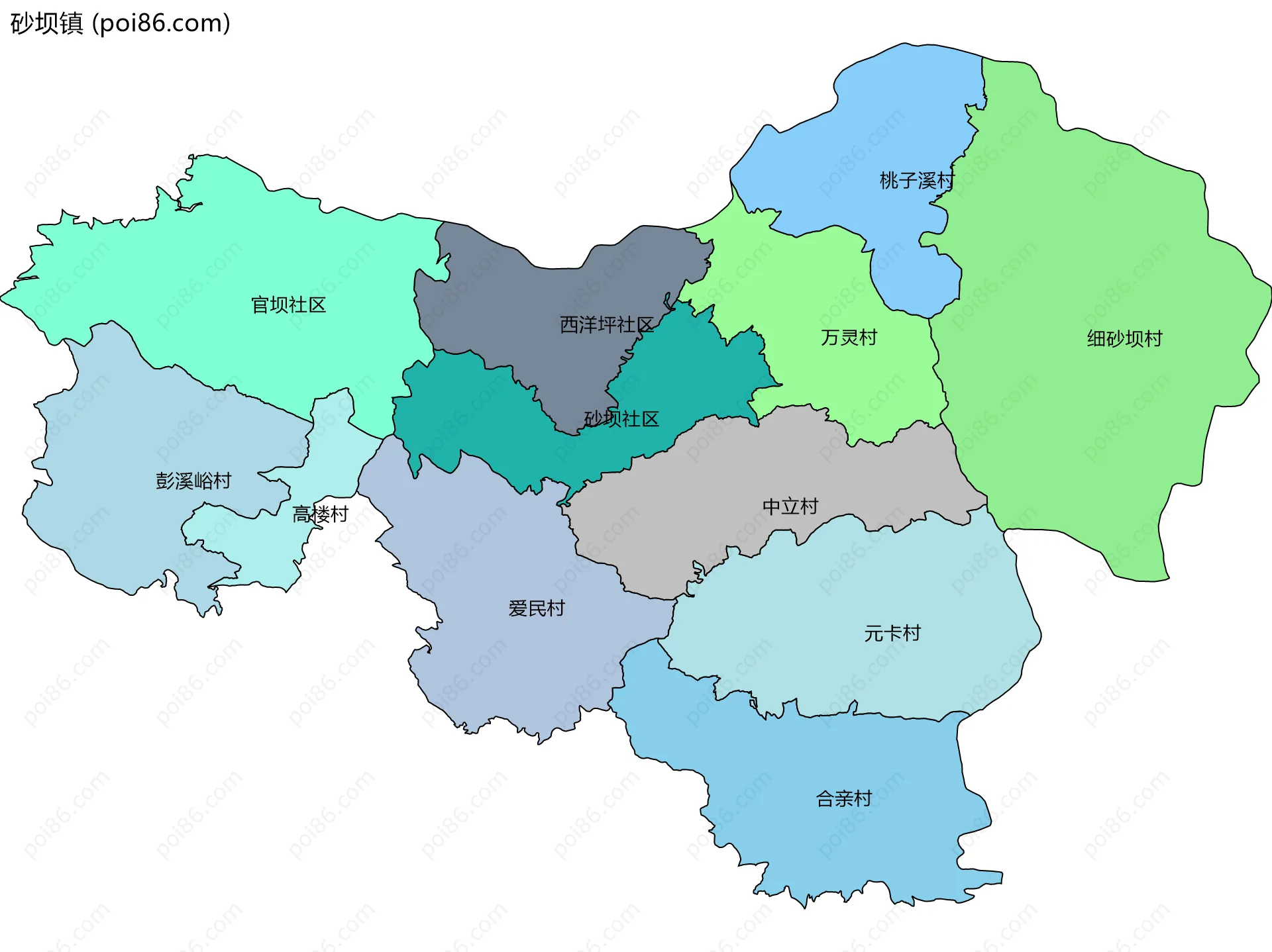 砂坝镇边界地图(五级行政区划)