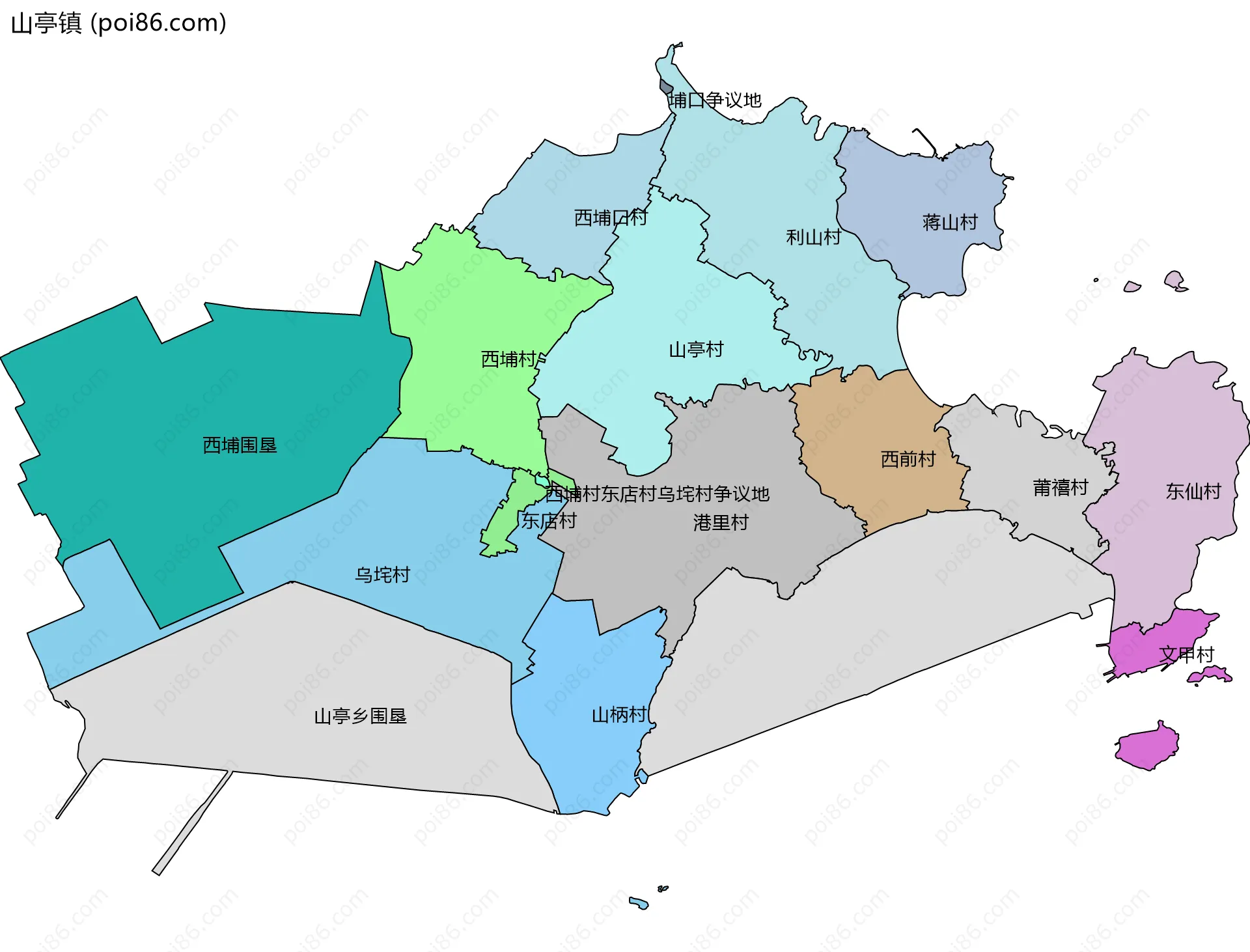 山亭镇边界地图(五级行政区划)