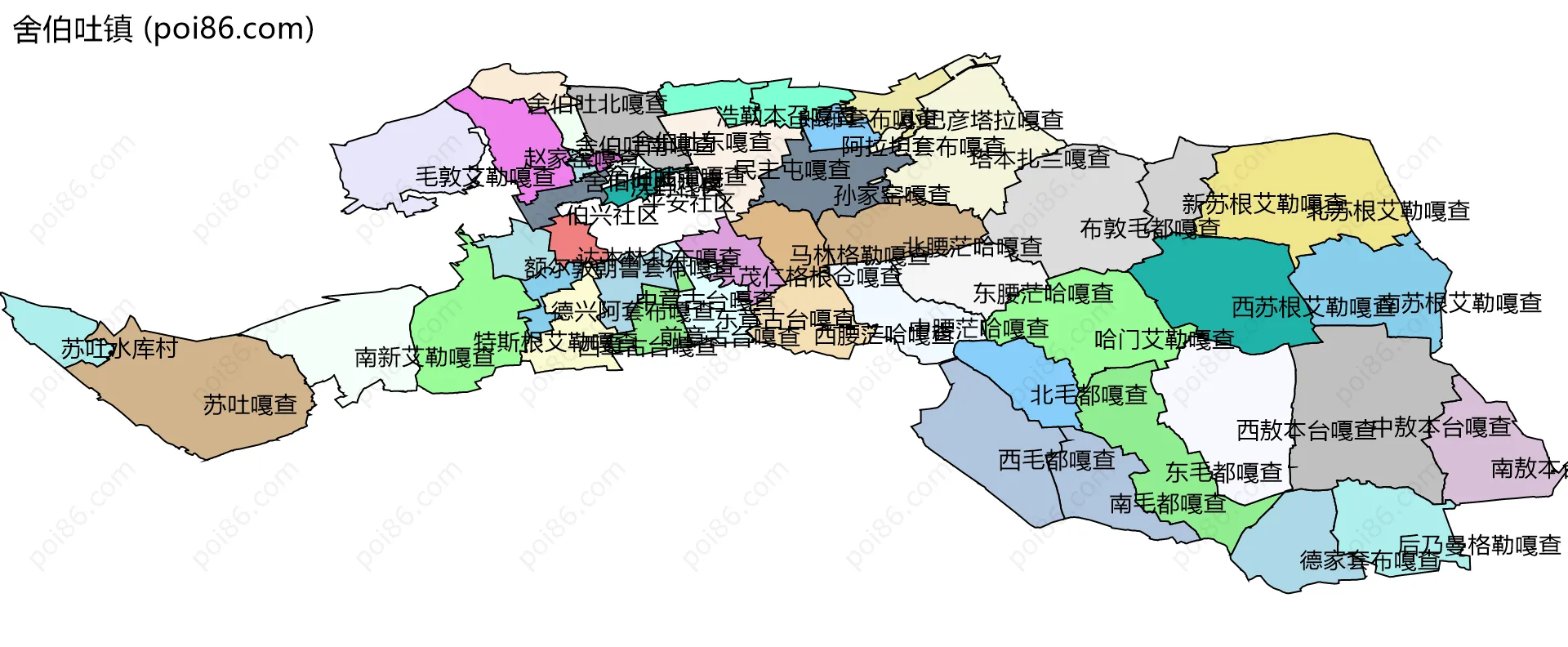 舍伯吐镇边界地图(五级行政区划)