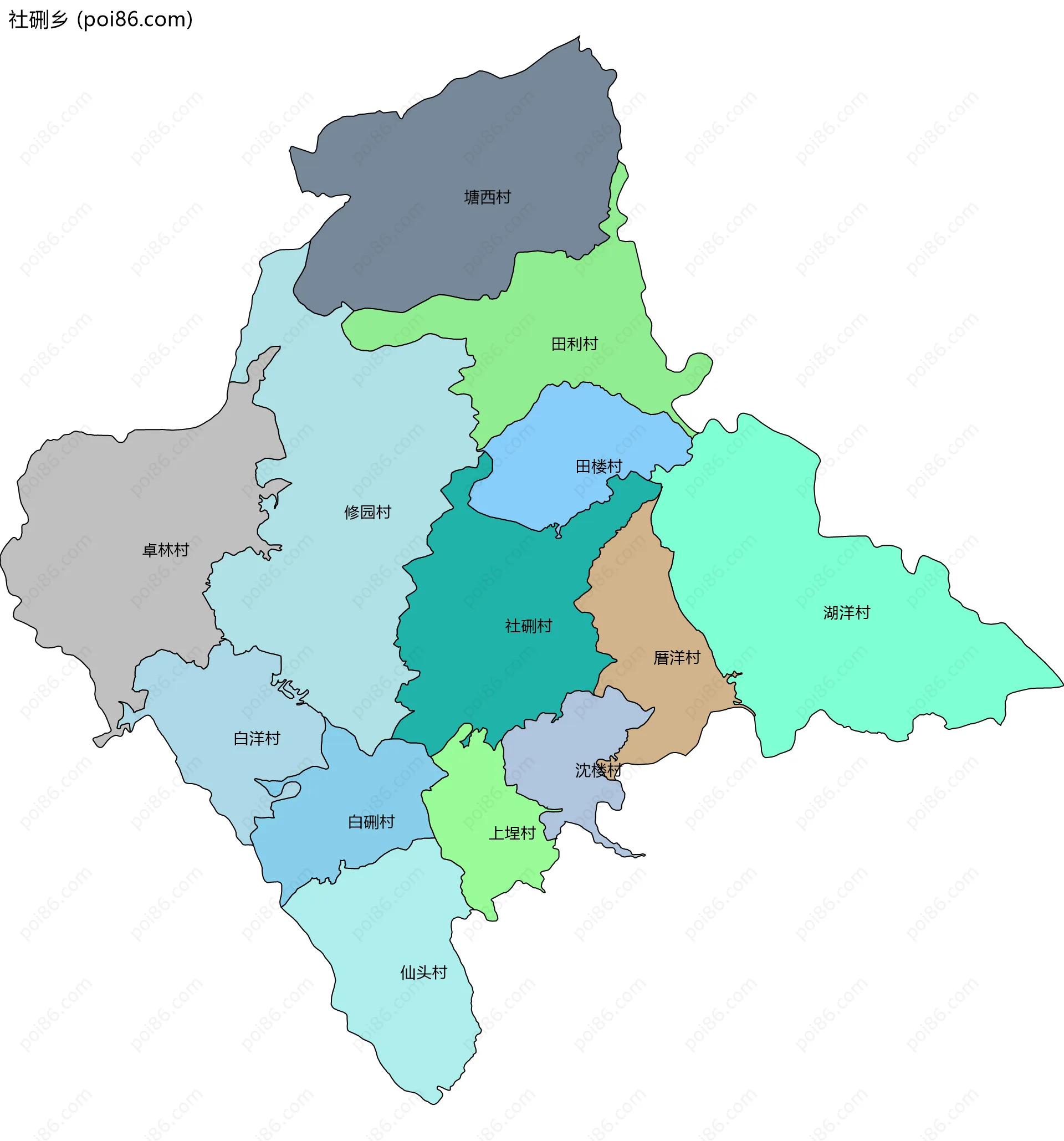 社硎乡边界地图(五级行政区划)