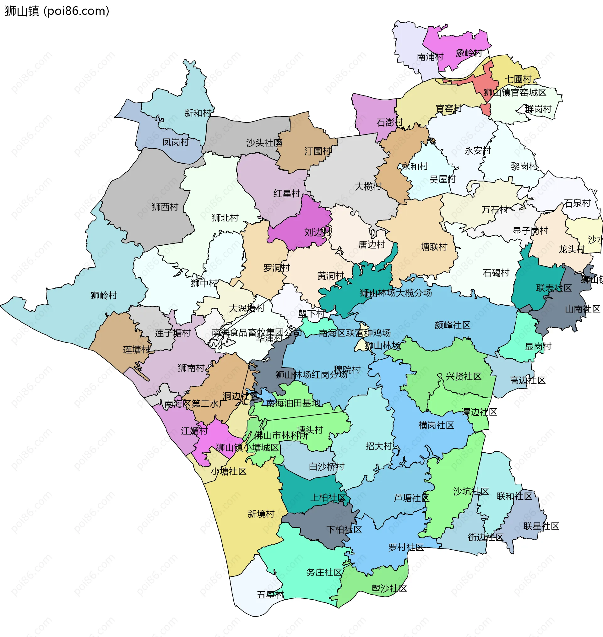 狮山镇边界地图(五级行政区划)