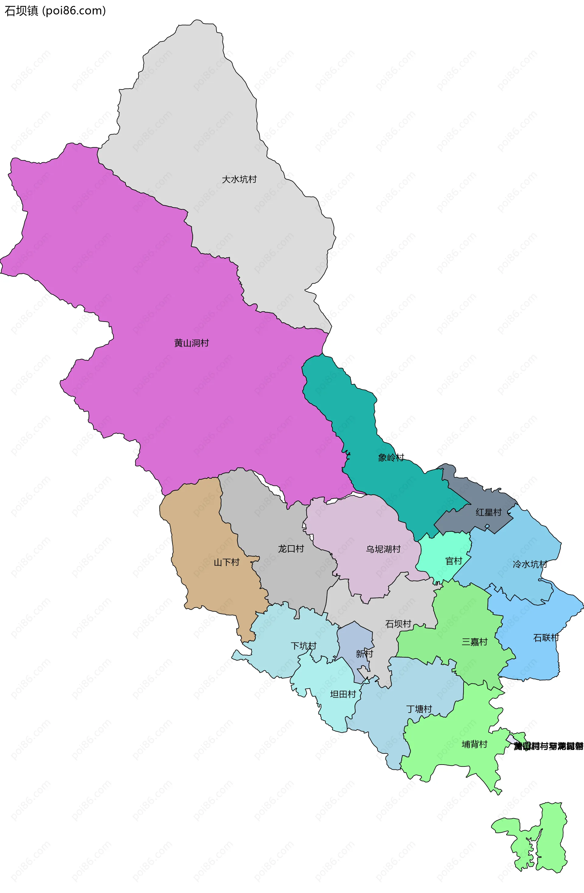 石坝镇边界地图(五级行政区划)