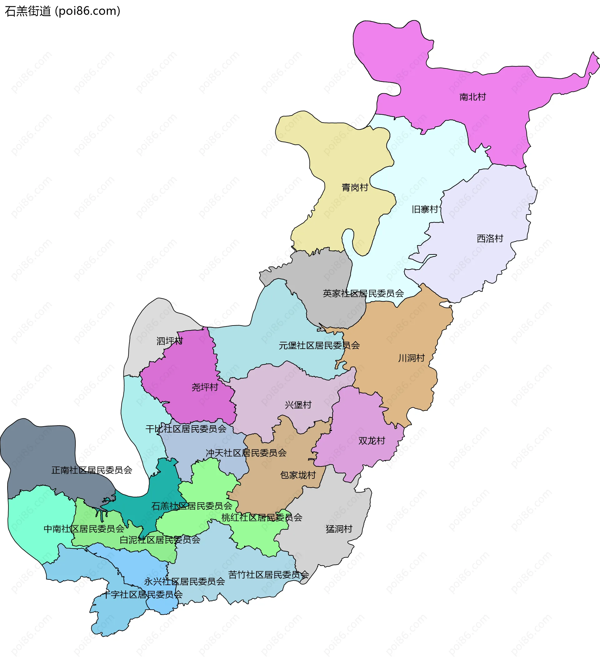 石羔街道边界地图(五级行政区划)