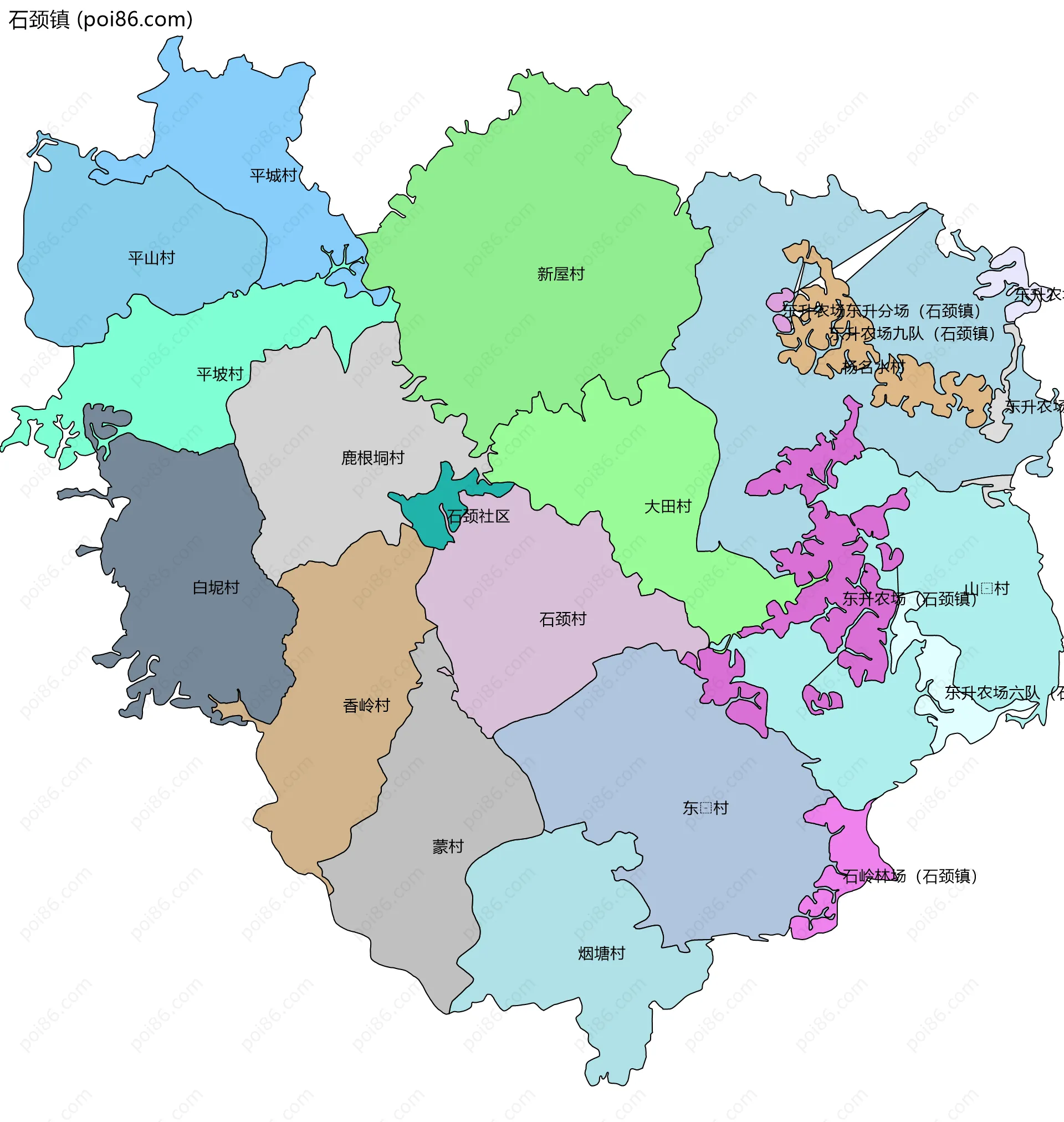 石颈镇边界地图(五级行政区划)