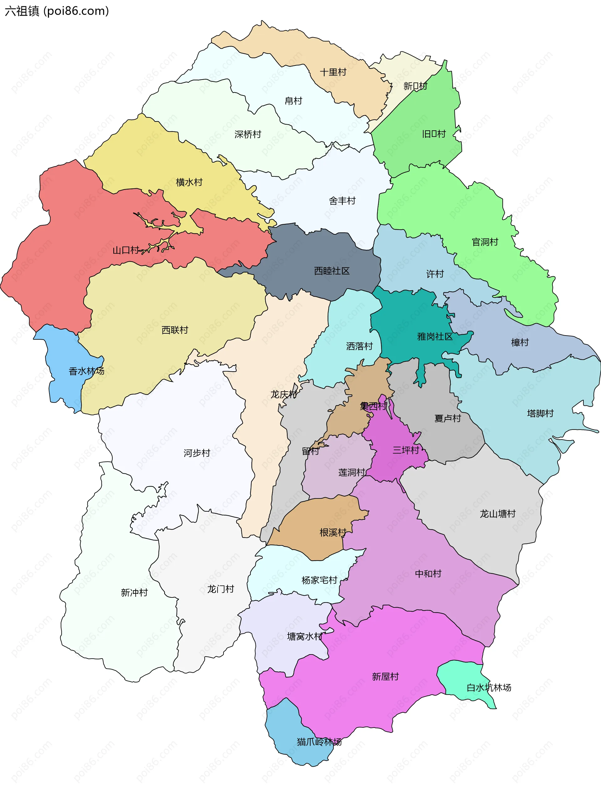 六祖镇边界地图(五级行政区划)