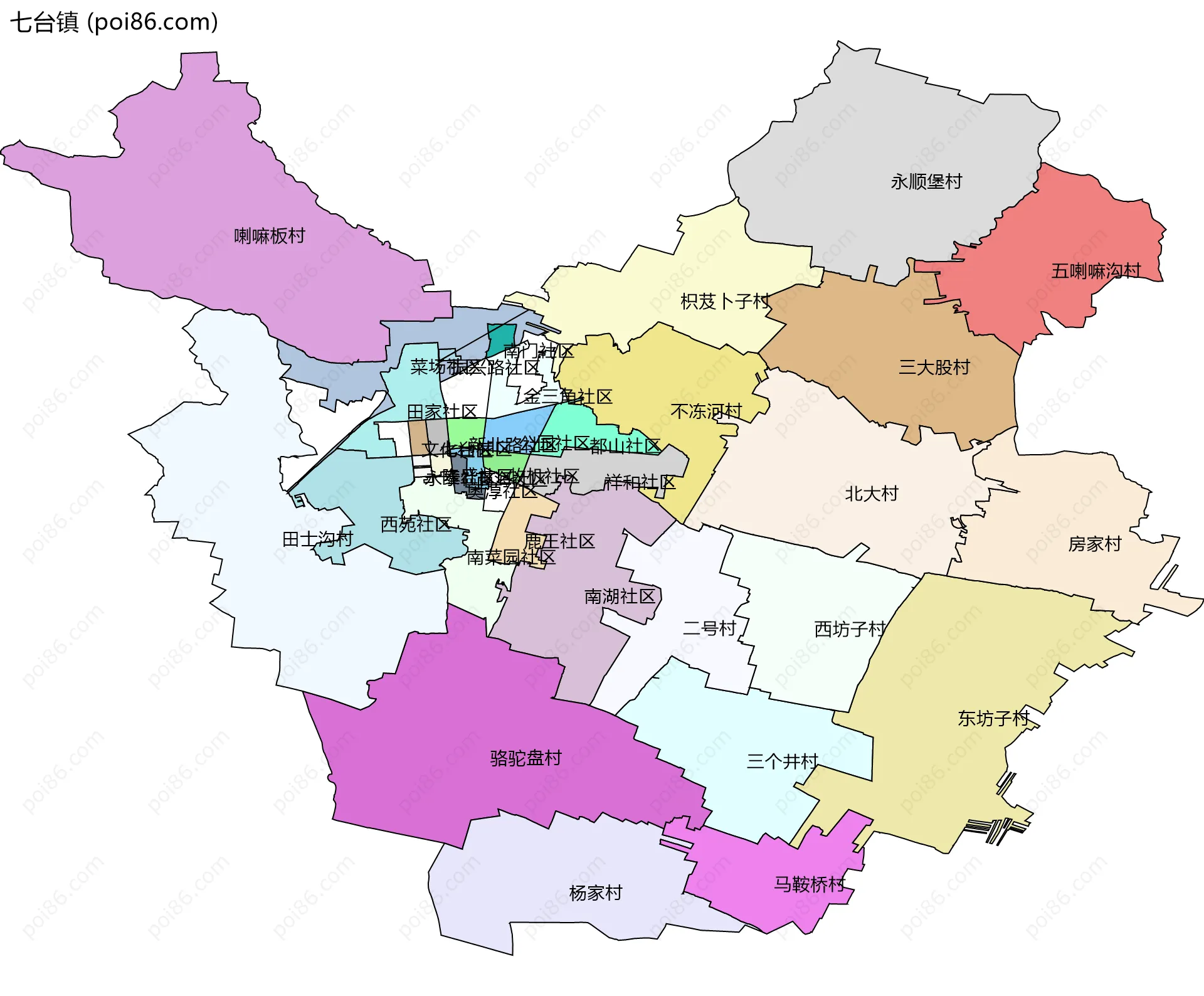 七台镇边界地图(五级行政区划)