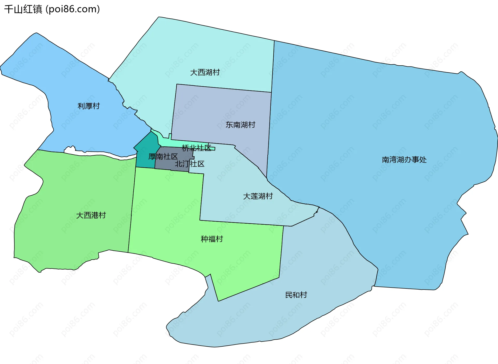 千山红镇边界地图(五级行政区划)