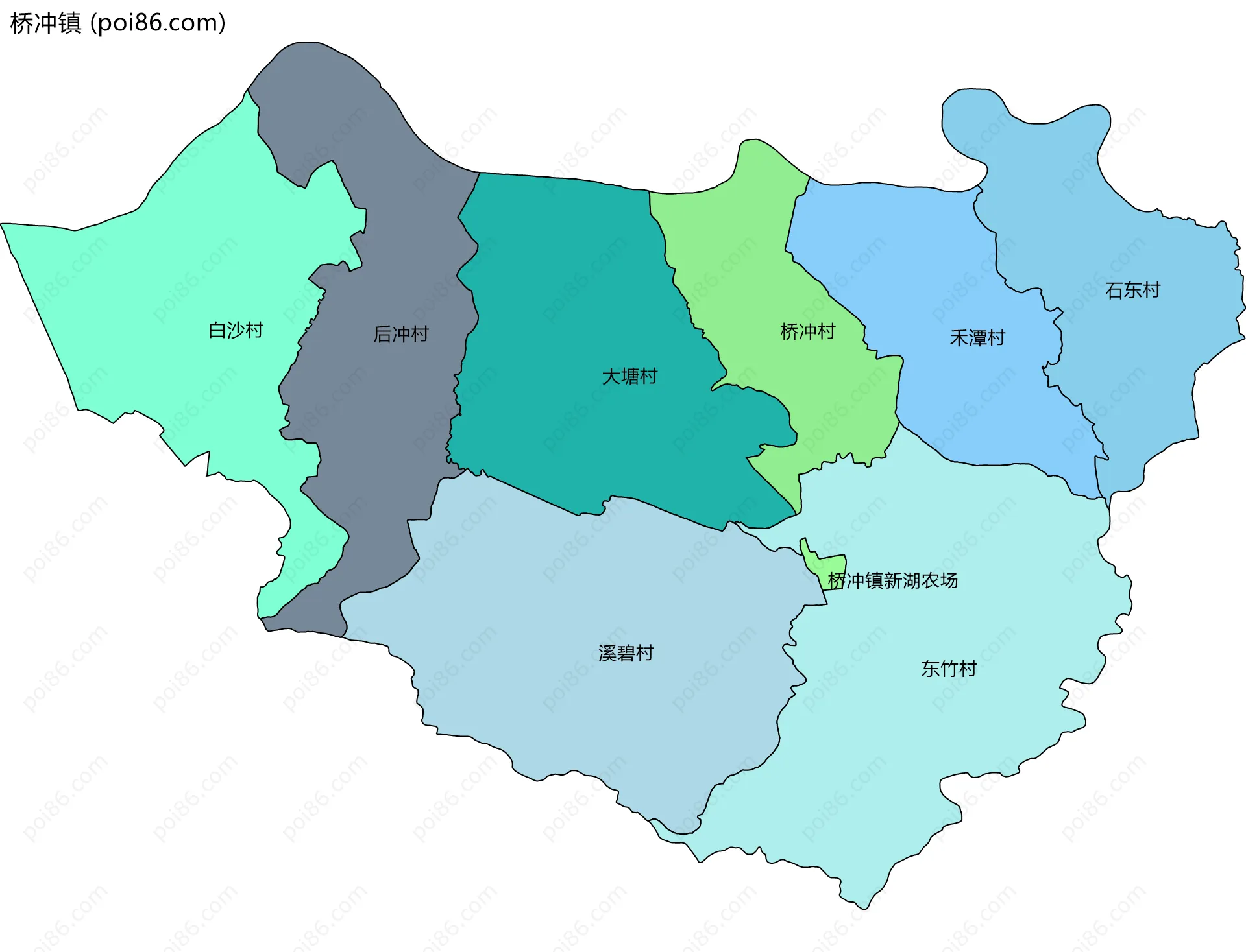 桥冲镇边界地图(五级行政区划)