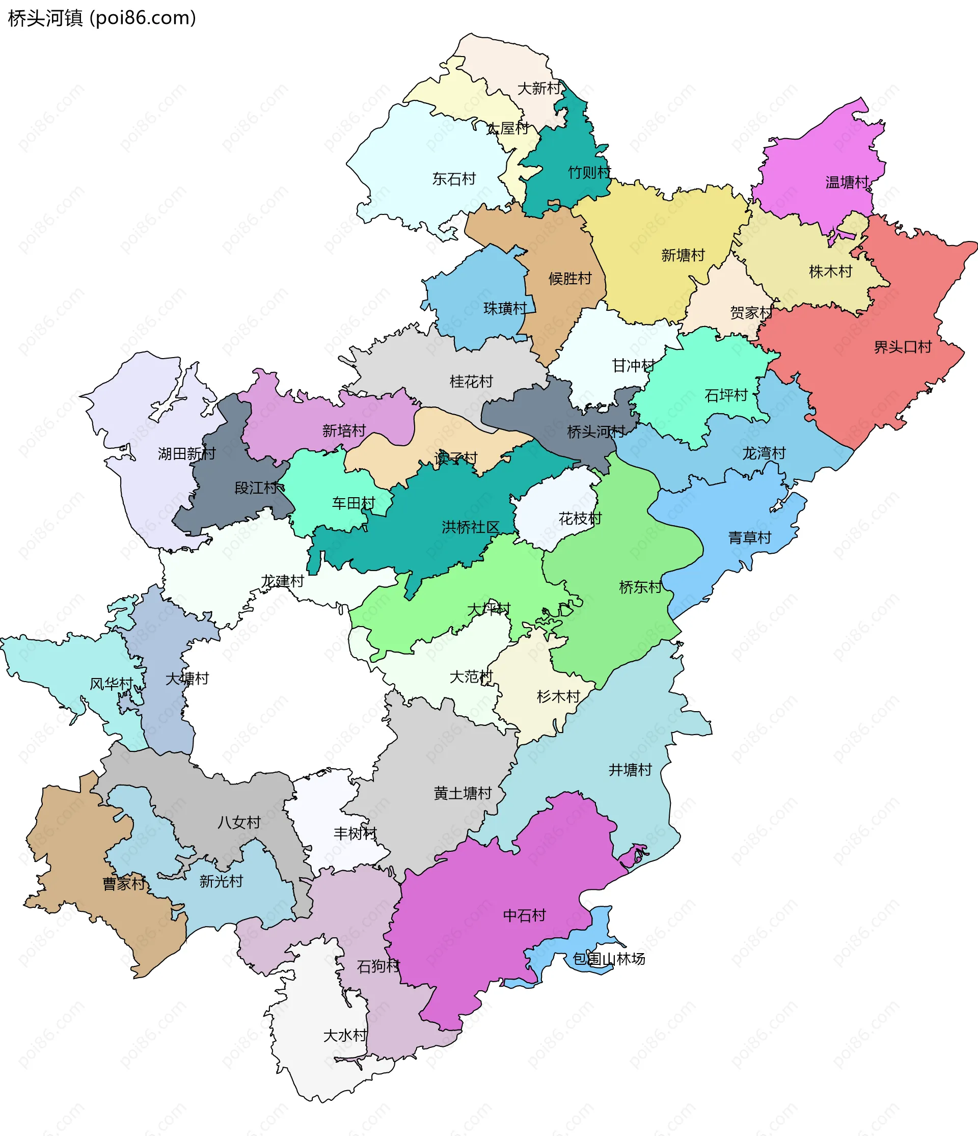 桥头河镇边界地图(五级行政区划)