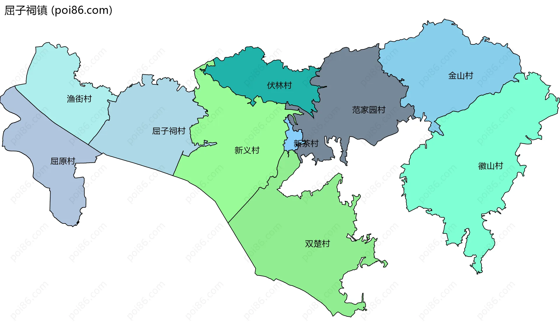 屈子祠镇边界地图(五级行政区划)