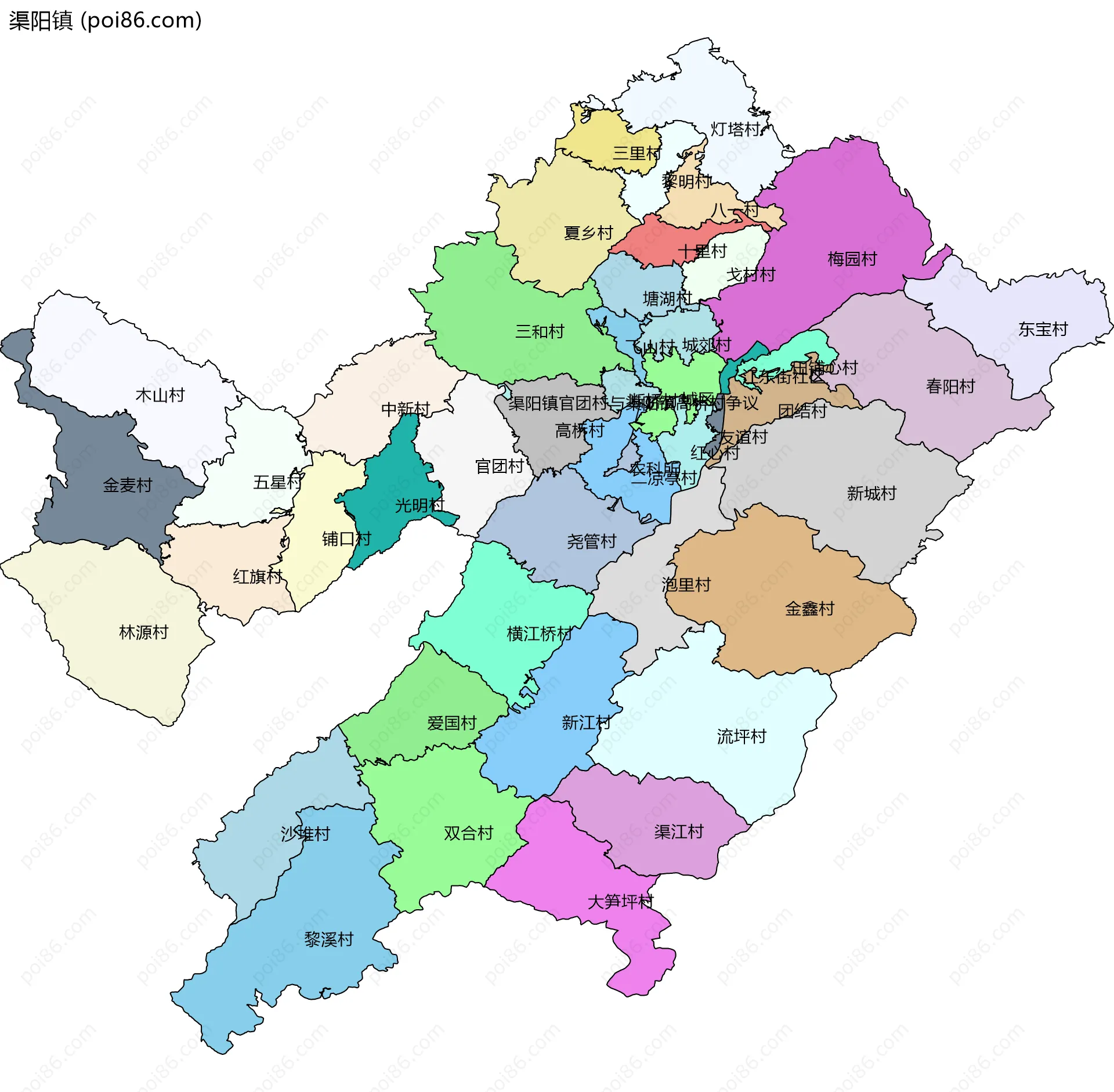 渠阳镇边界地图(五级行政区划)