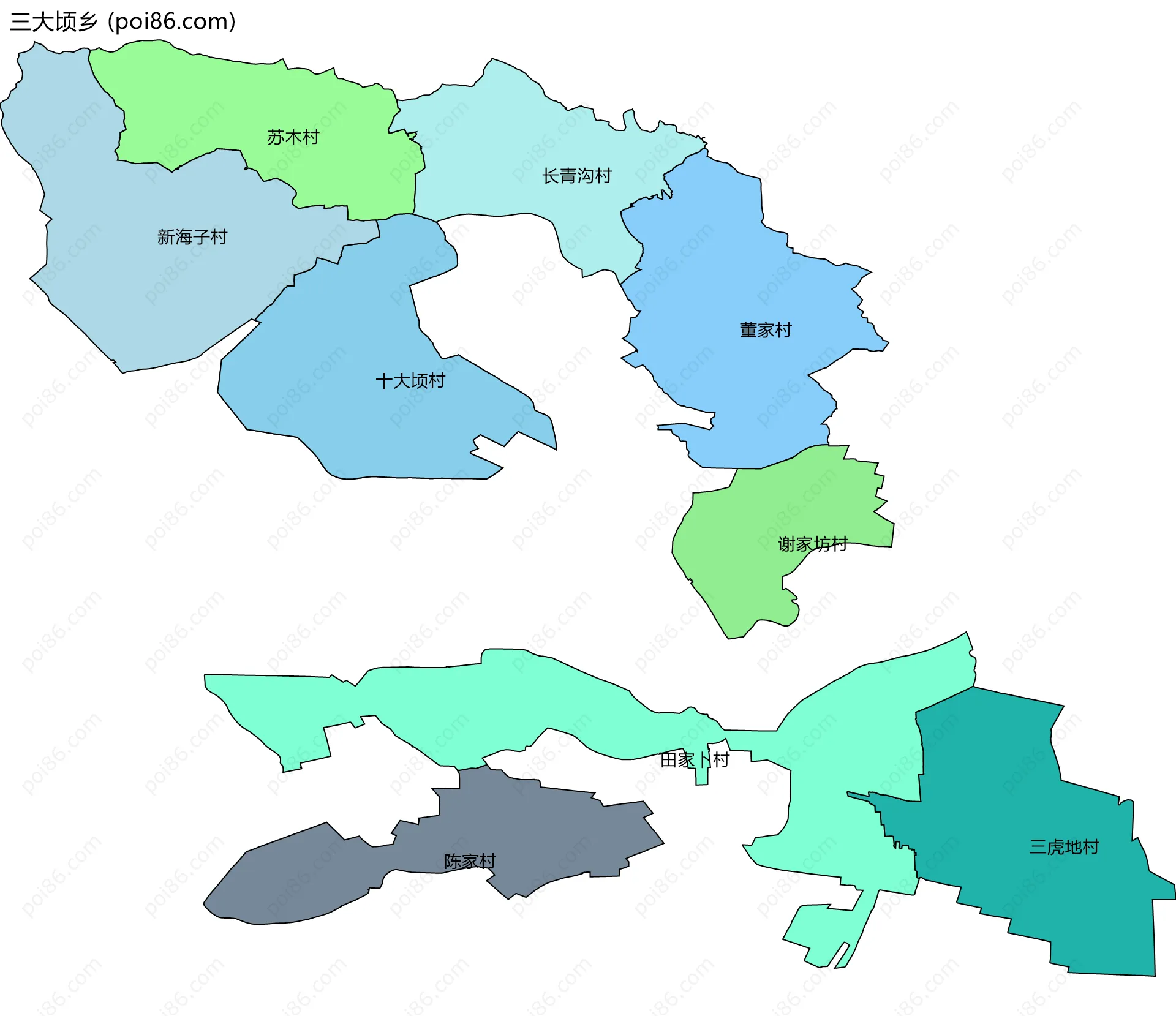 三大顷乡边界地图(五级行政区划)