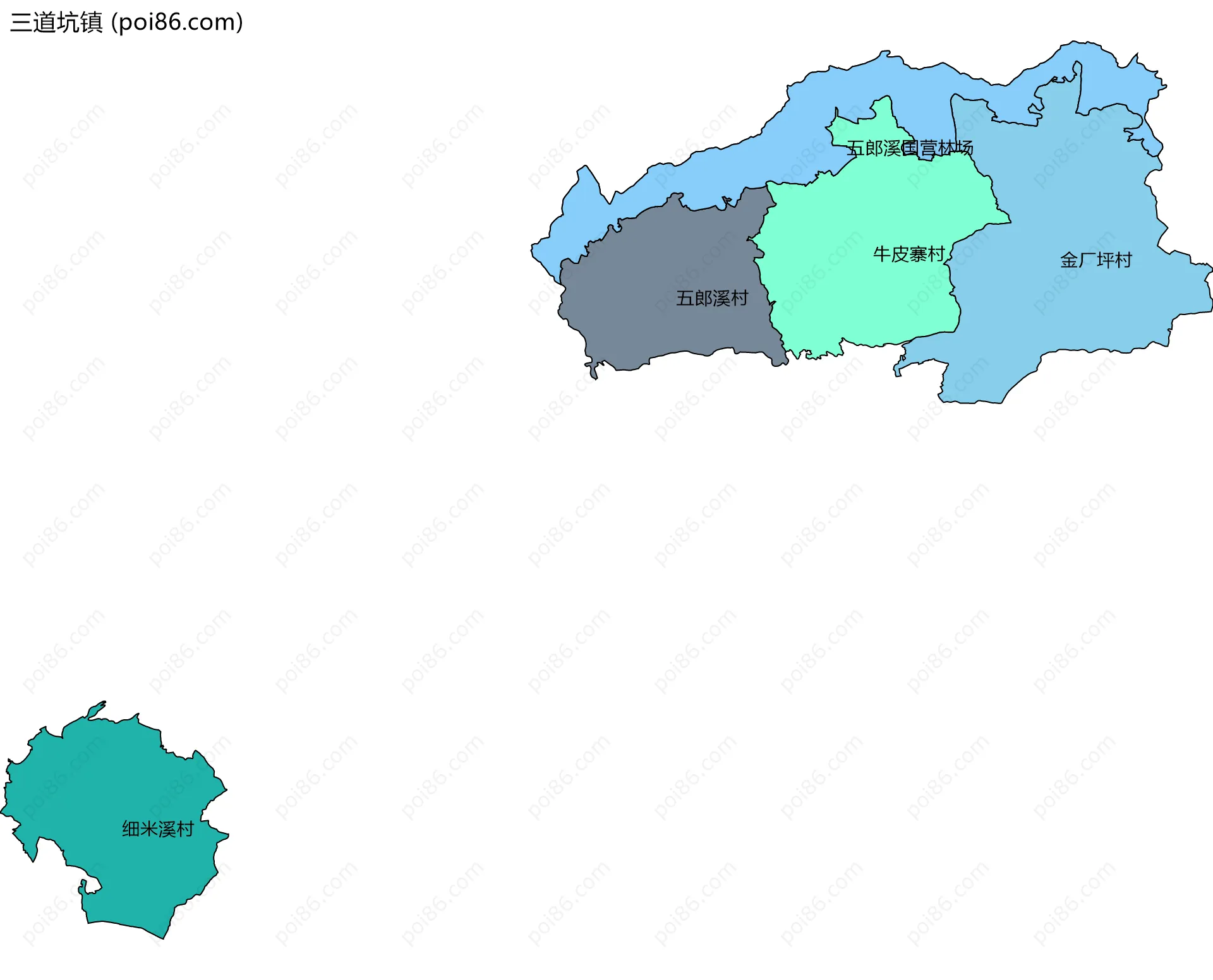 三道坑镇边界地图(五级行政区划)