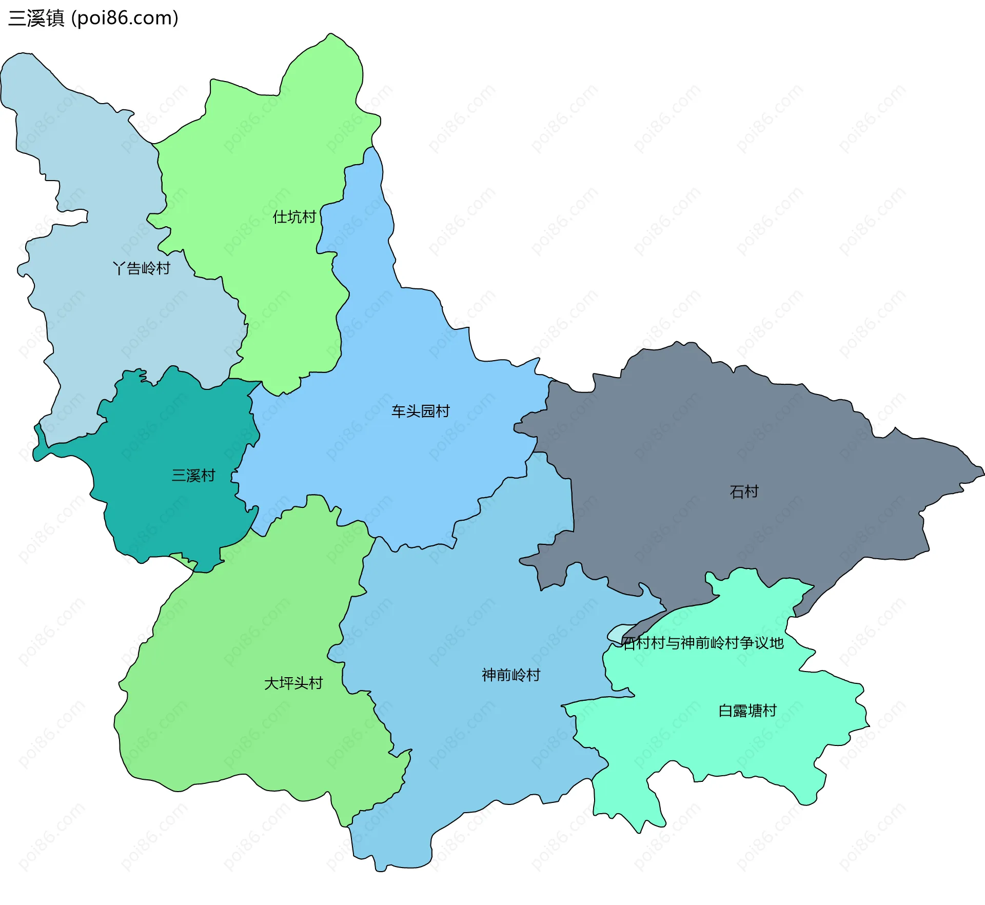 三溪镇边界地图(五级行政区划)
