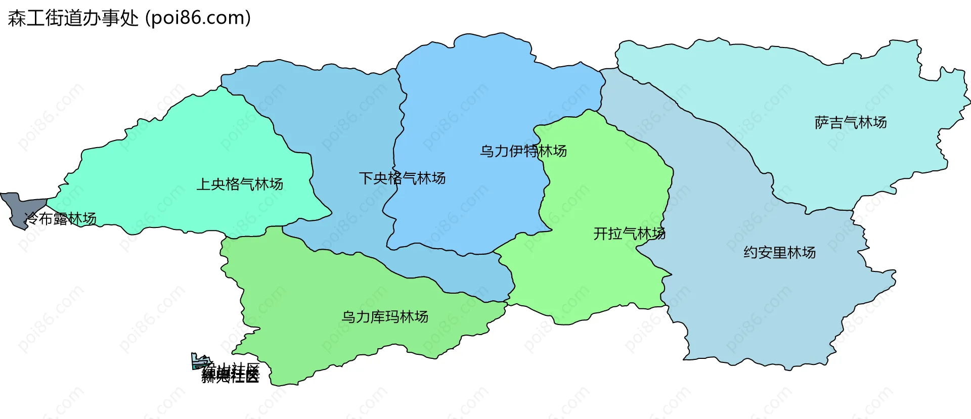 森工街道办事处边界地图(五级行政区划)