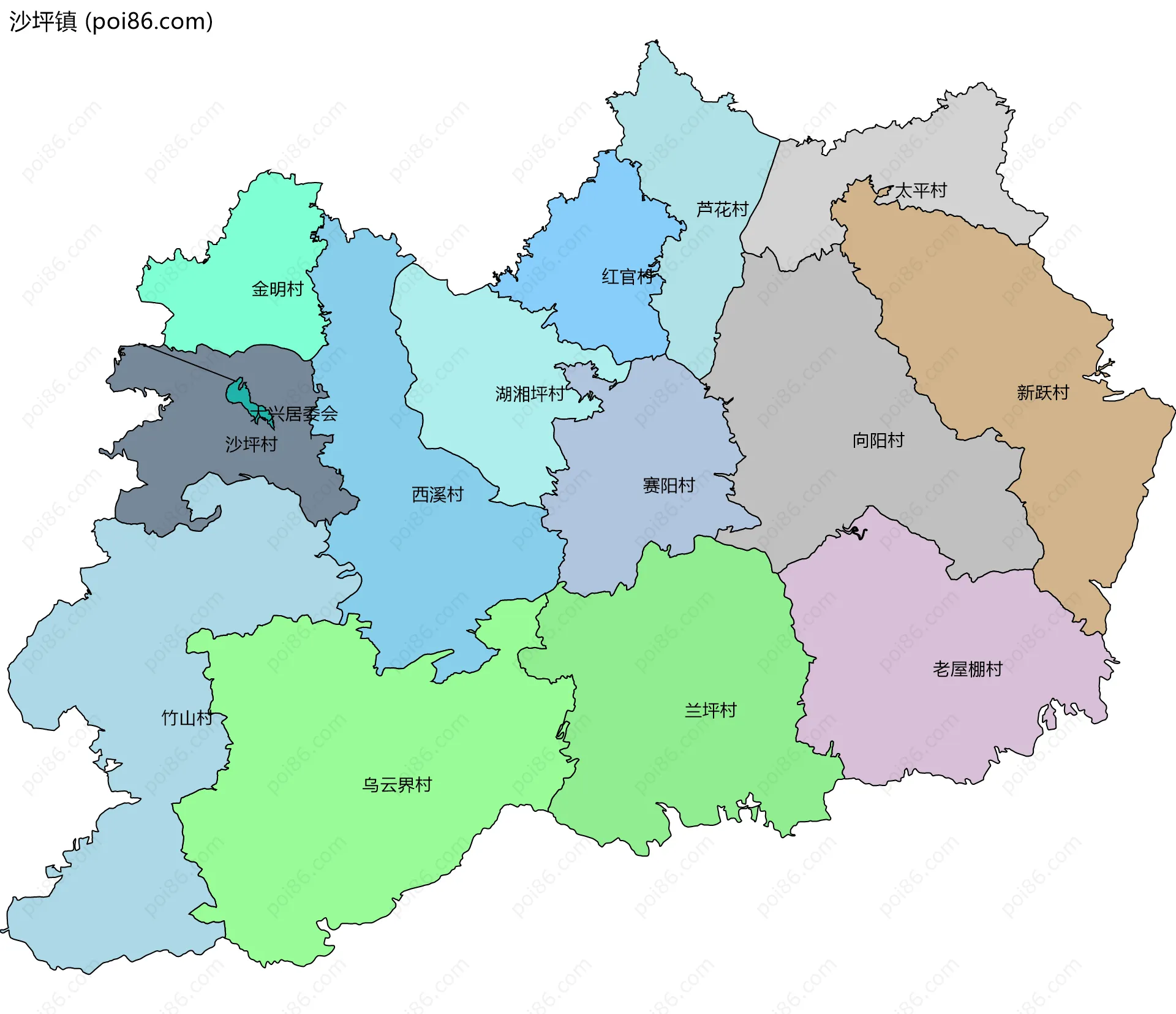 沙坪镇边界地图(五级行政区划)