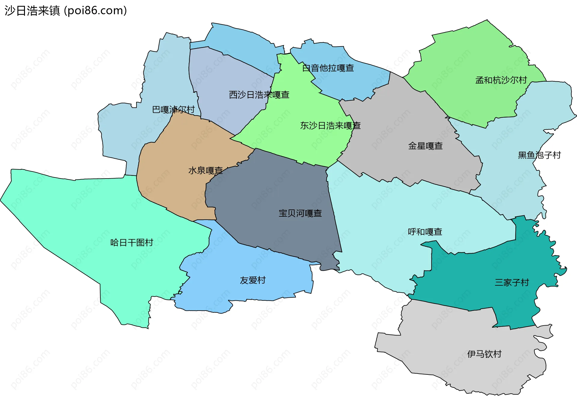 沙日浩来镇边界地图(五级行政区划)