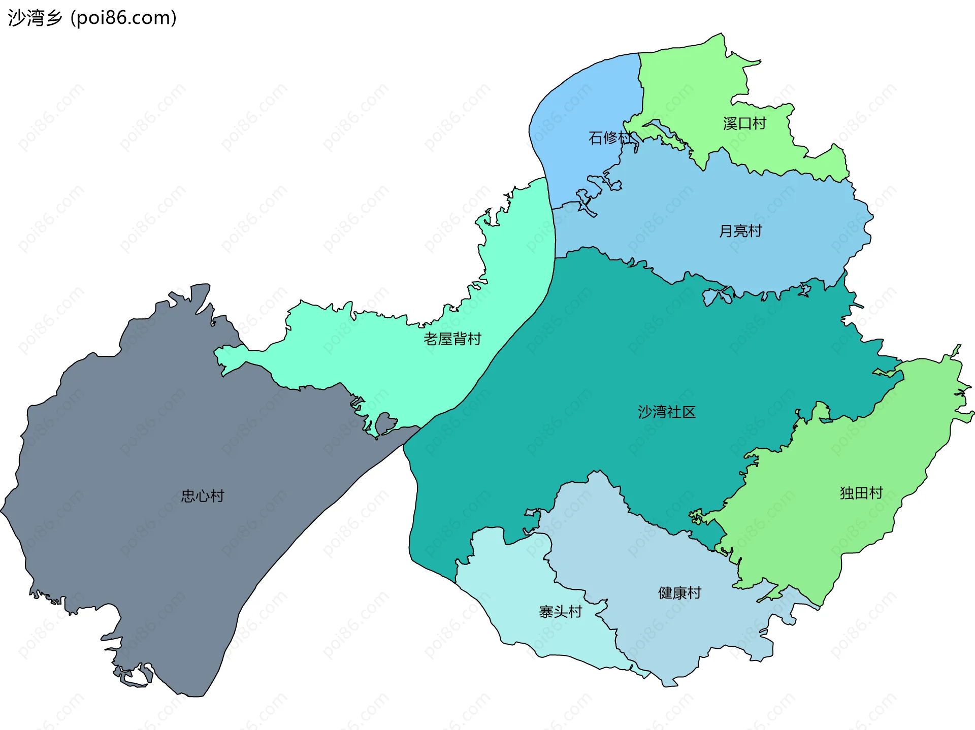 沙湾乡边界地图(五级行政区划)