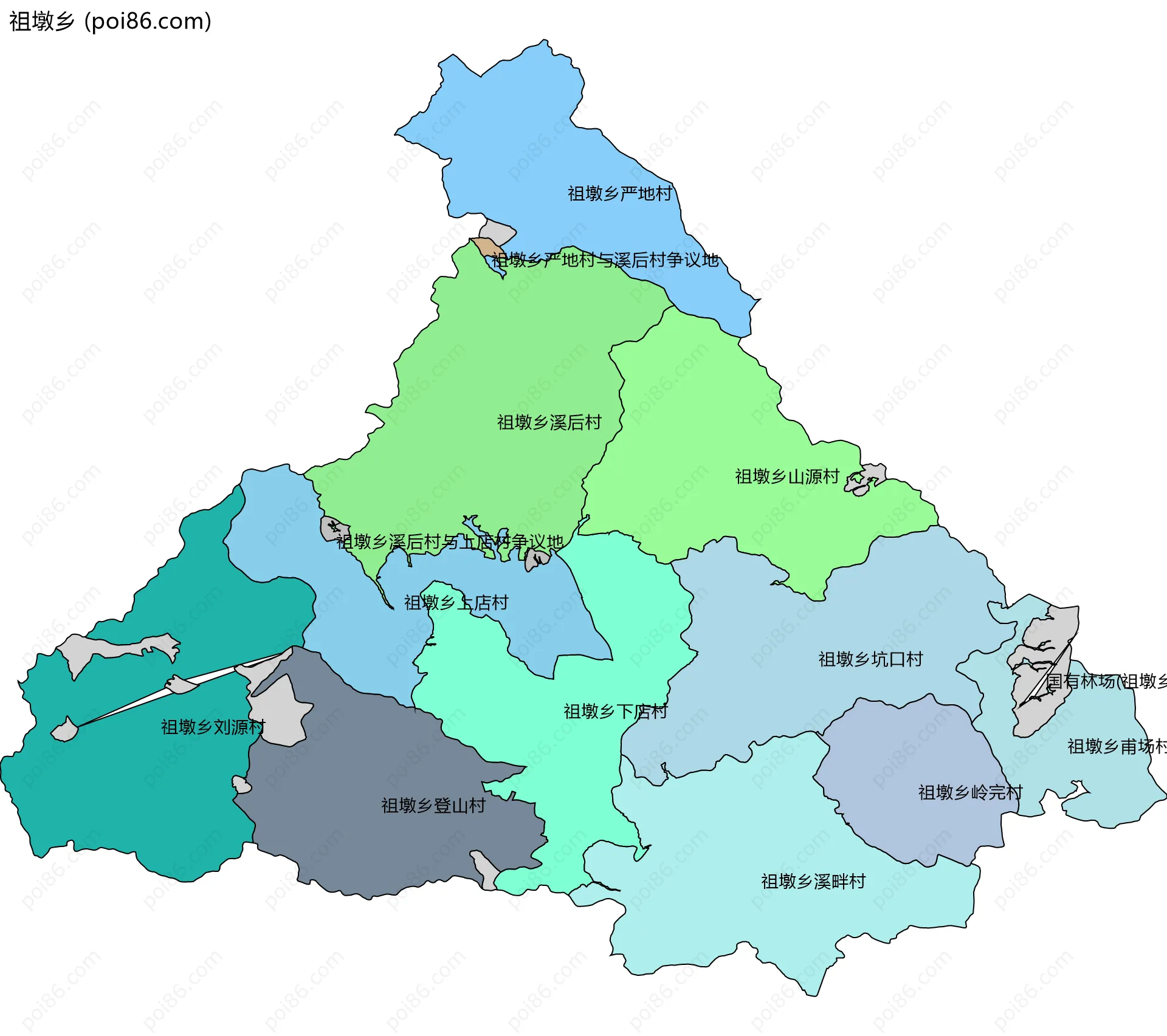 祖墩乡边界地图(五级行政区划)