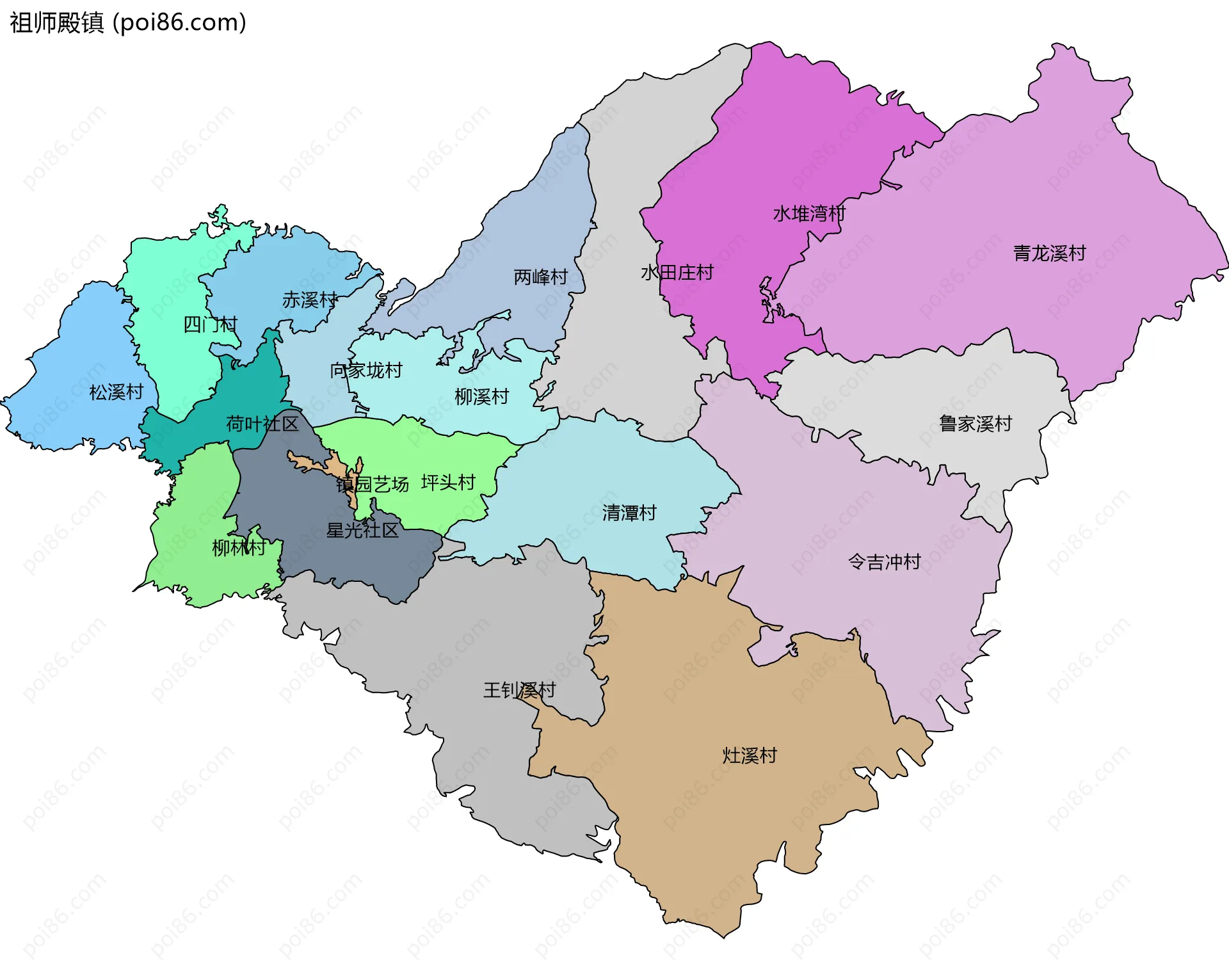 祖师殿镇边界地图(五级行政区划)