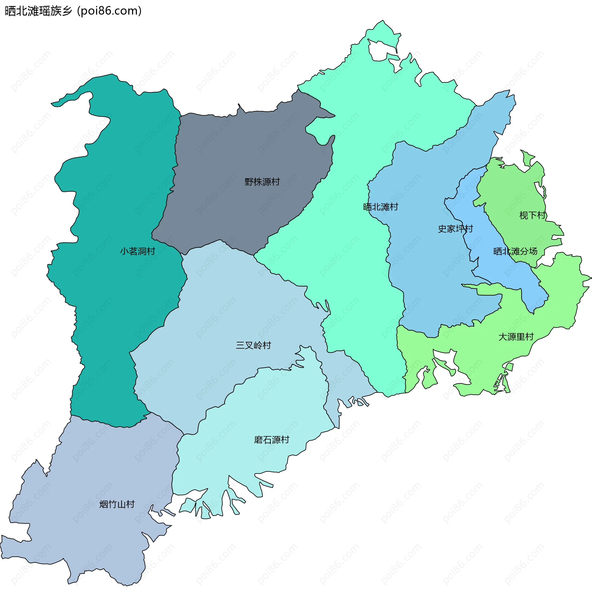 晒北滩瑶族乡边界地图(五级行政区划)