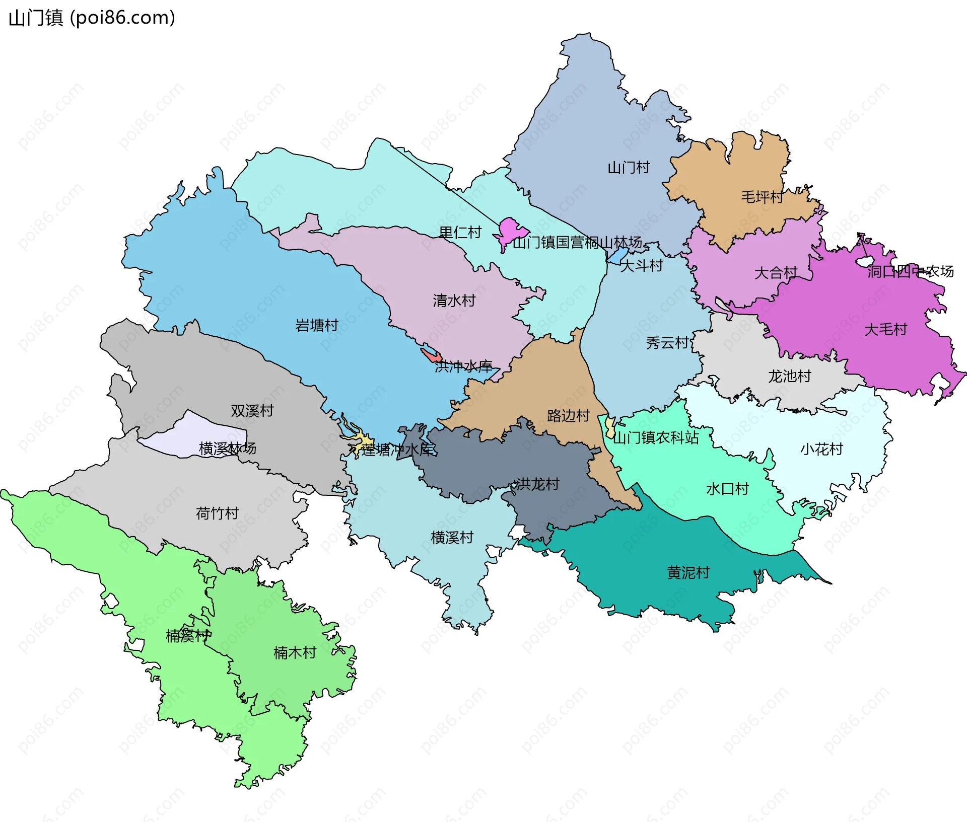 山门镇边界地图(五级行政区划)