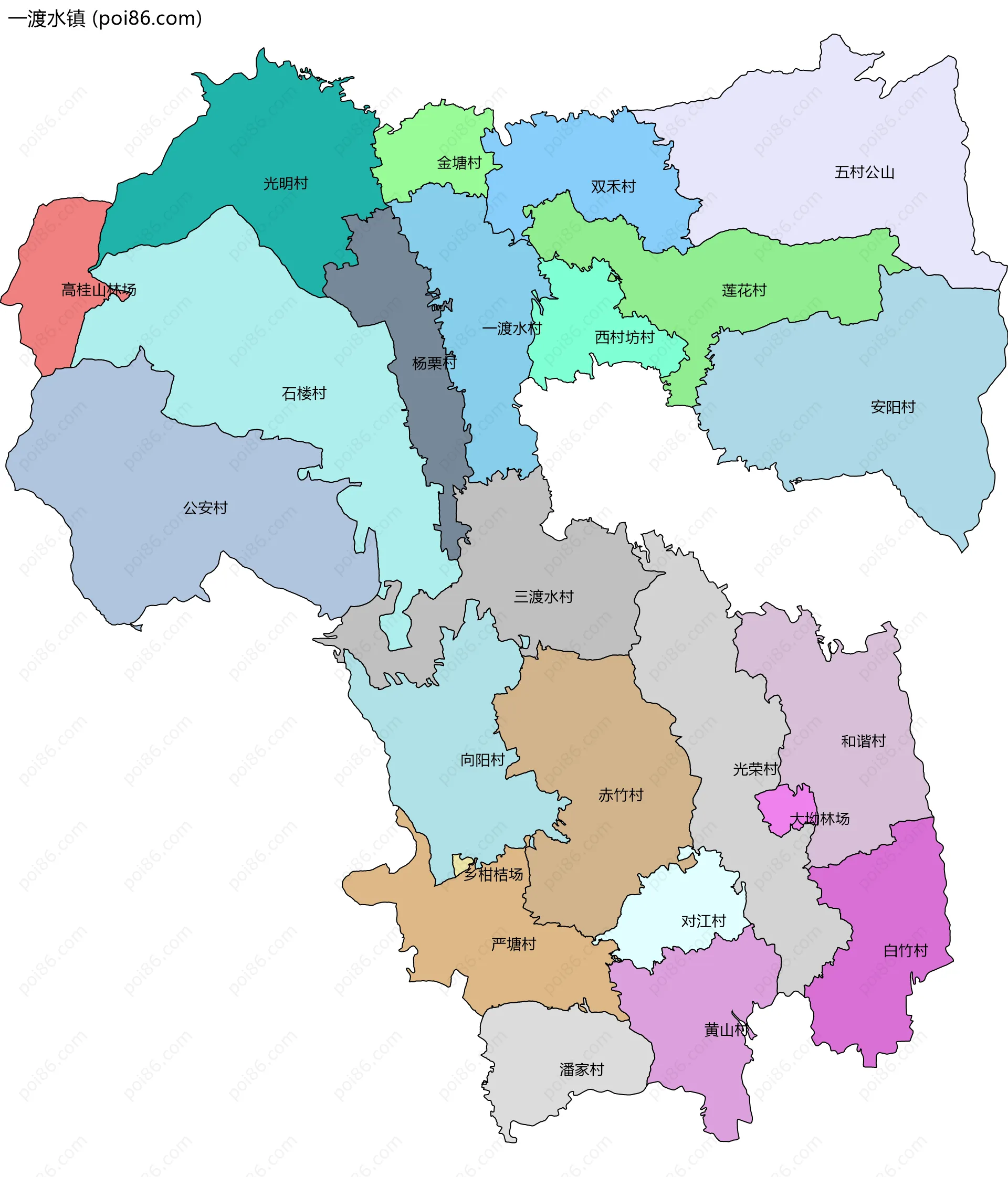 一渡水镇边界地图(五级行政区划)