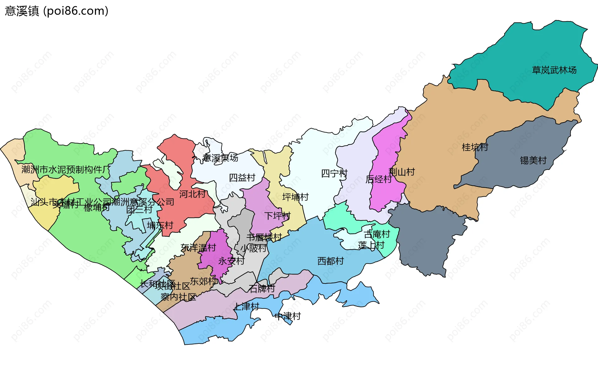 意溪镇边界地图(五级行政区划)