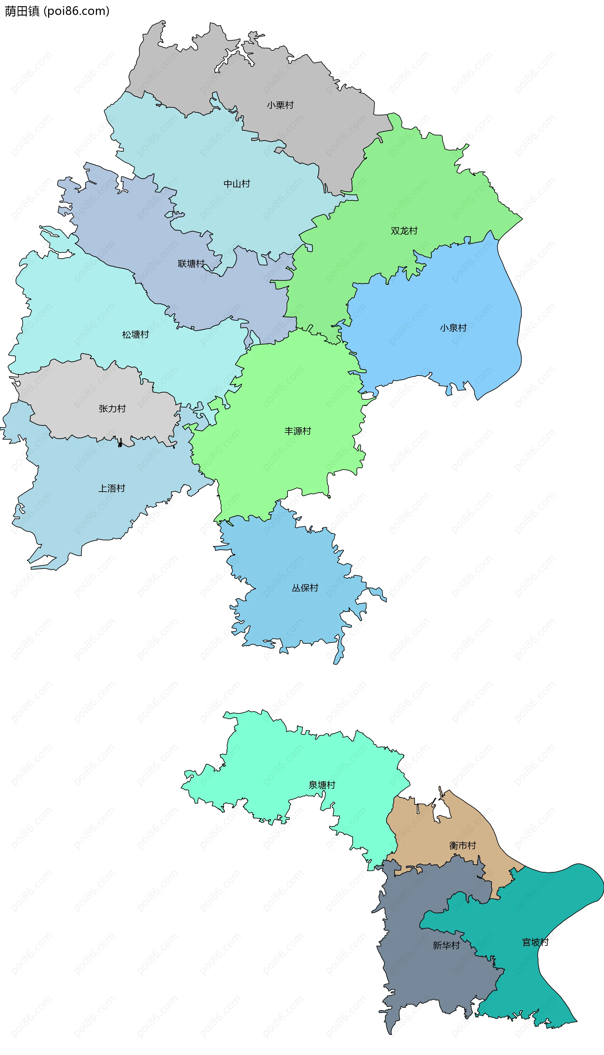 荫田镇边界地图(五级行政区划)