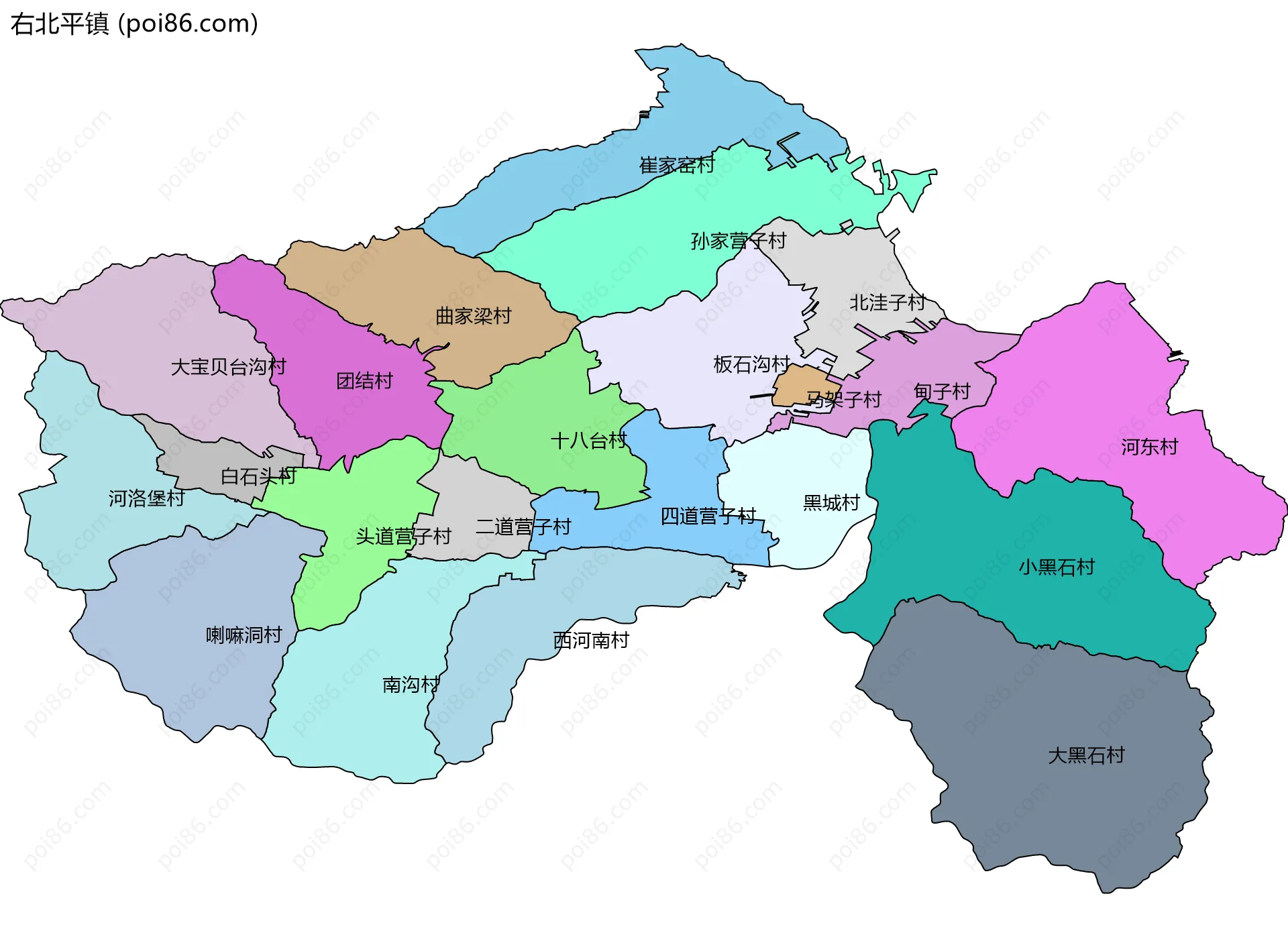 右北平镇边界地图(五级行政区划)