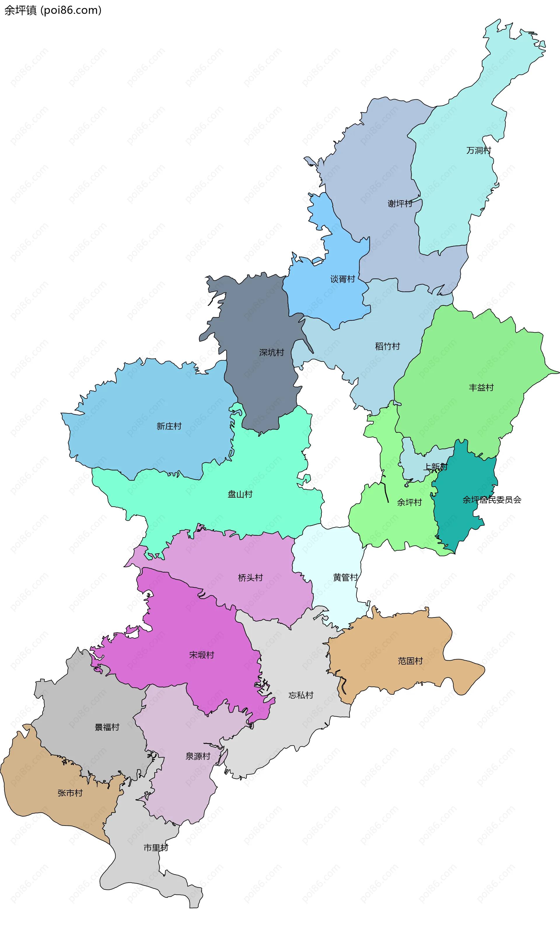 余坪镇边界地图(五级行政区划)