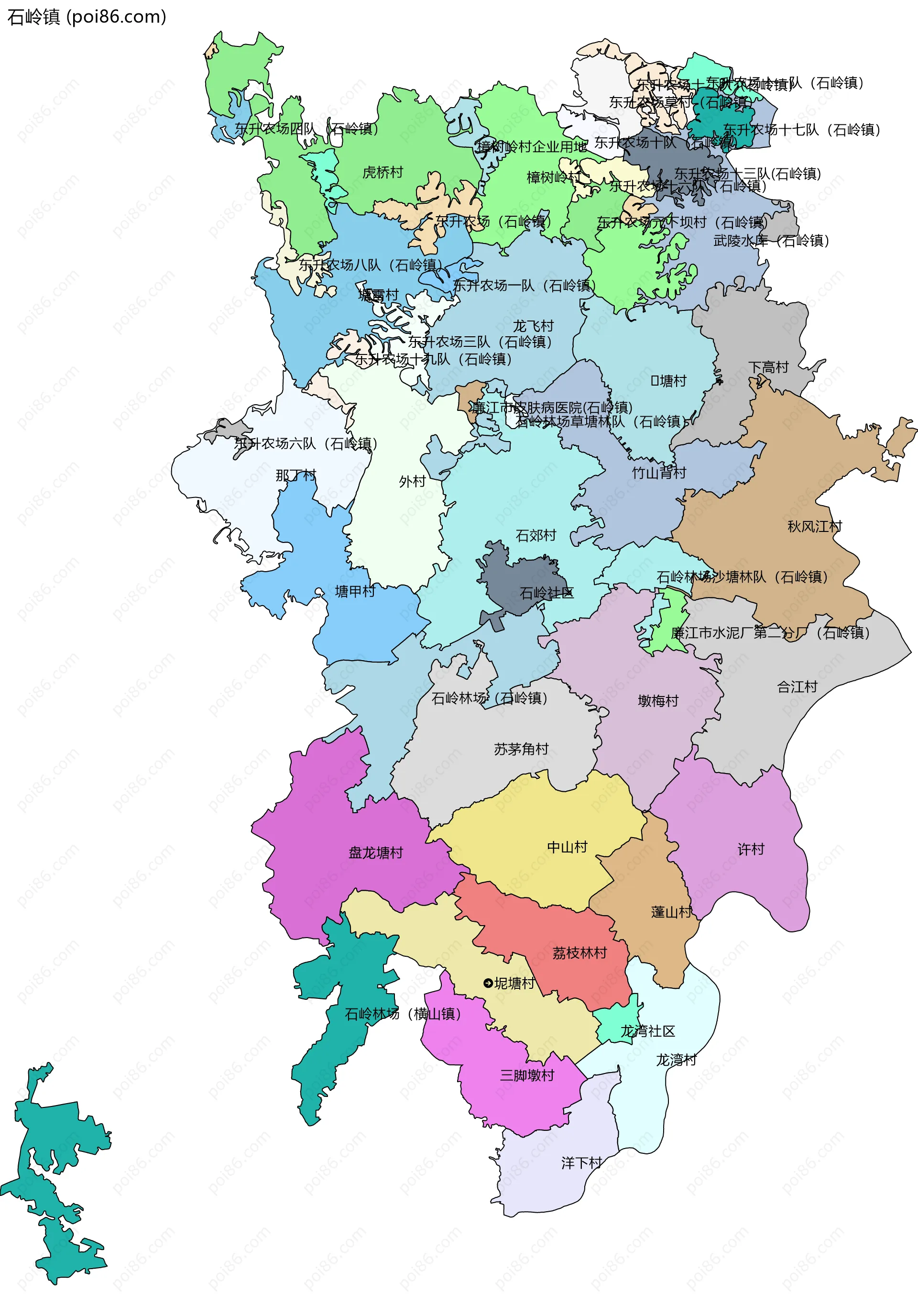 石岭镇边界地图(五级行政区划)