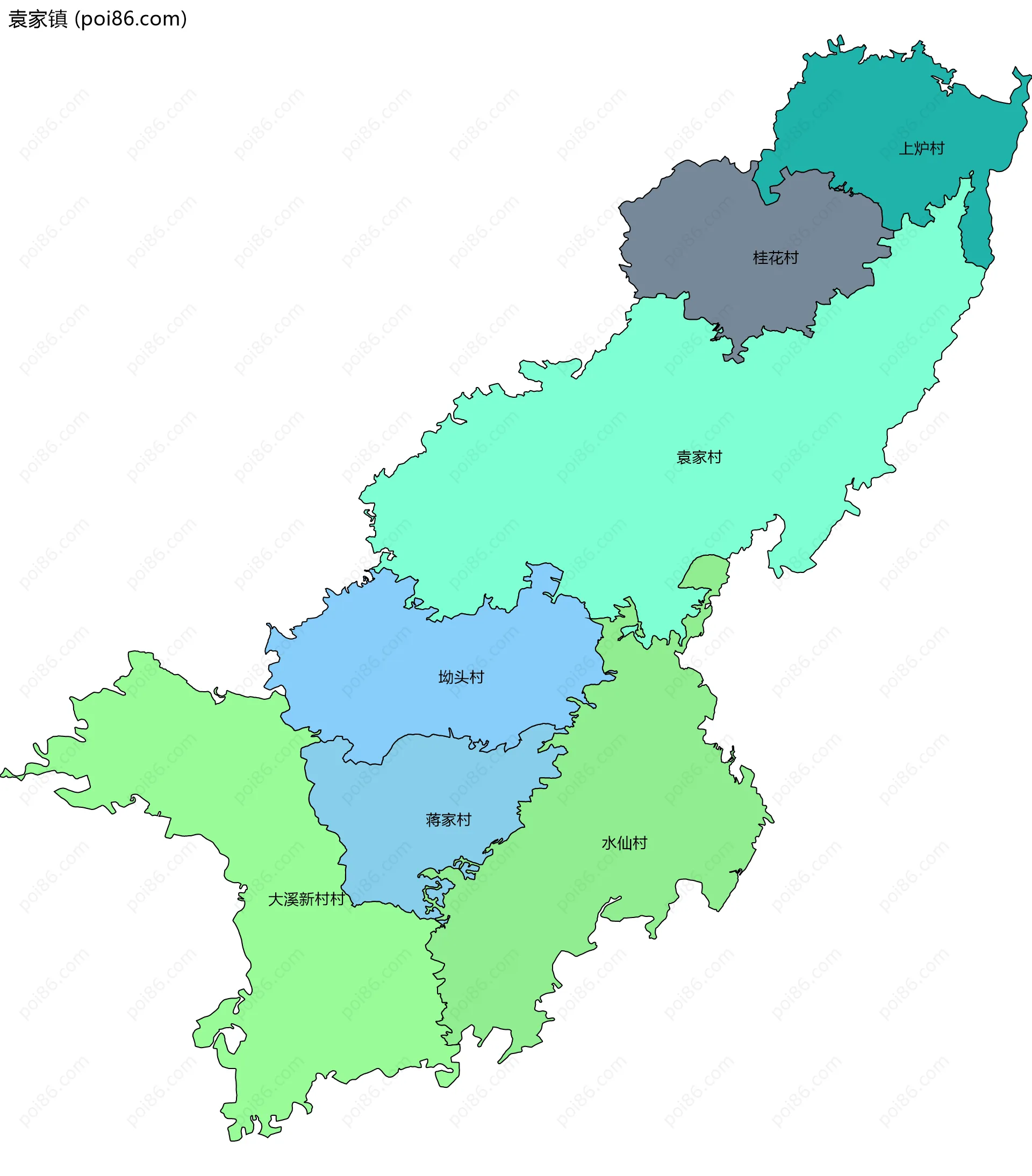 袁家镇边界地图(五级行政区划)