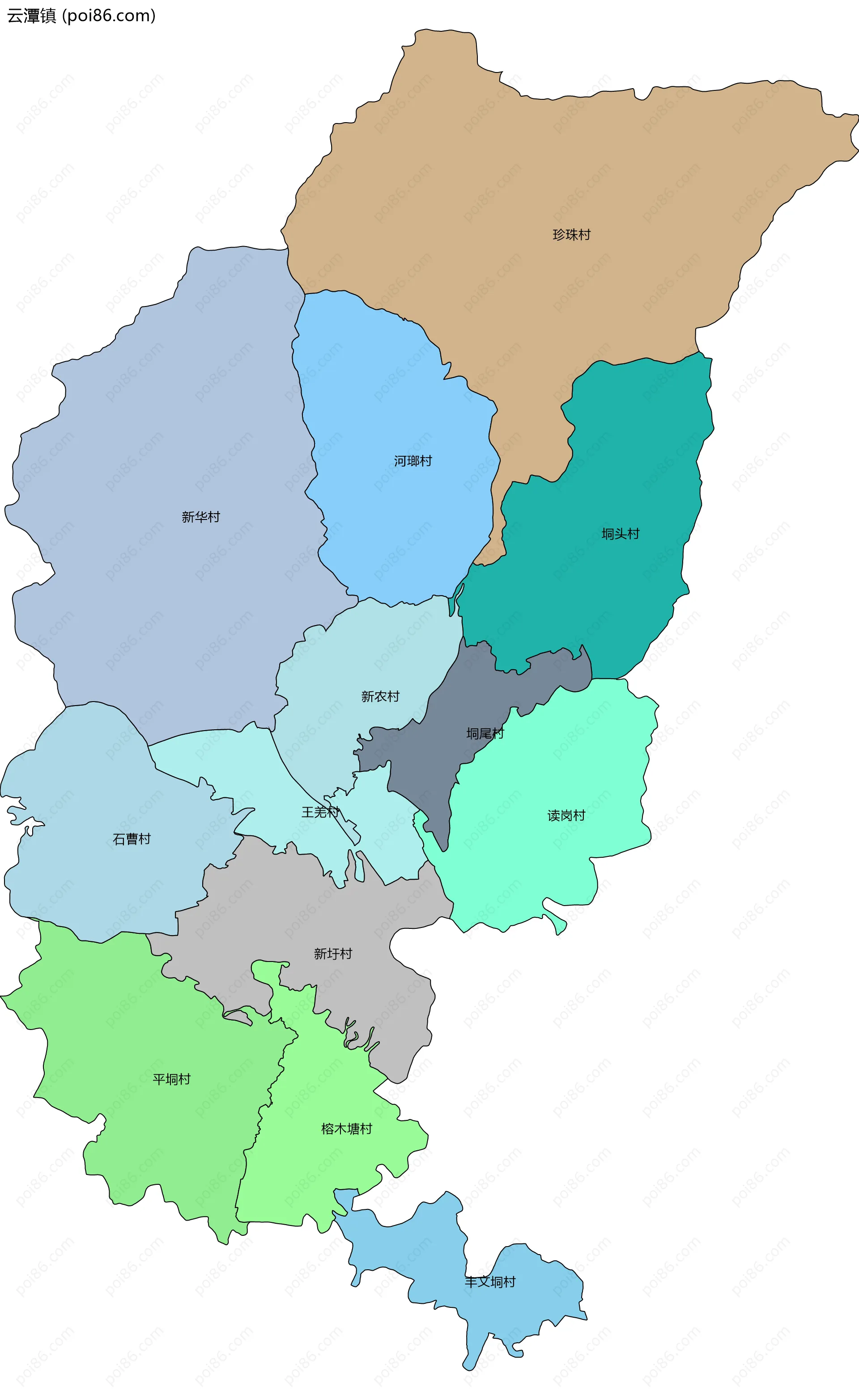 云潭镇边界地图(五级行政区划)