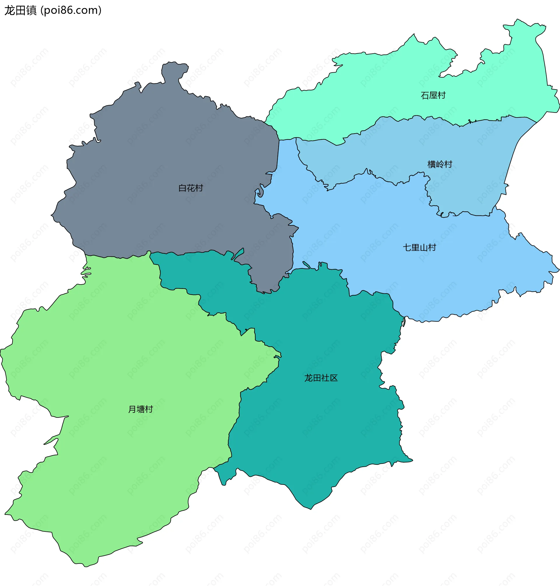 龙田镇边界地图(五级行政区划)