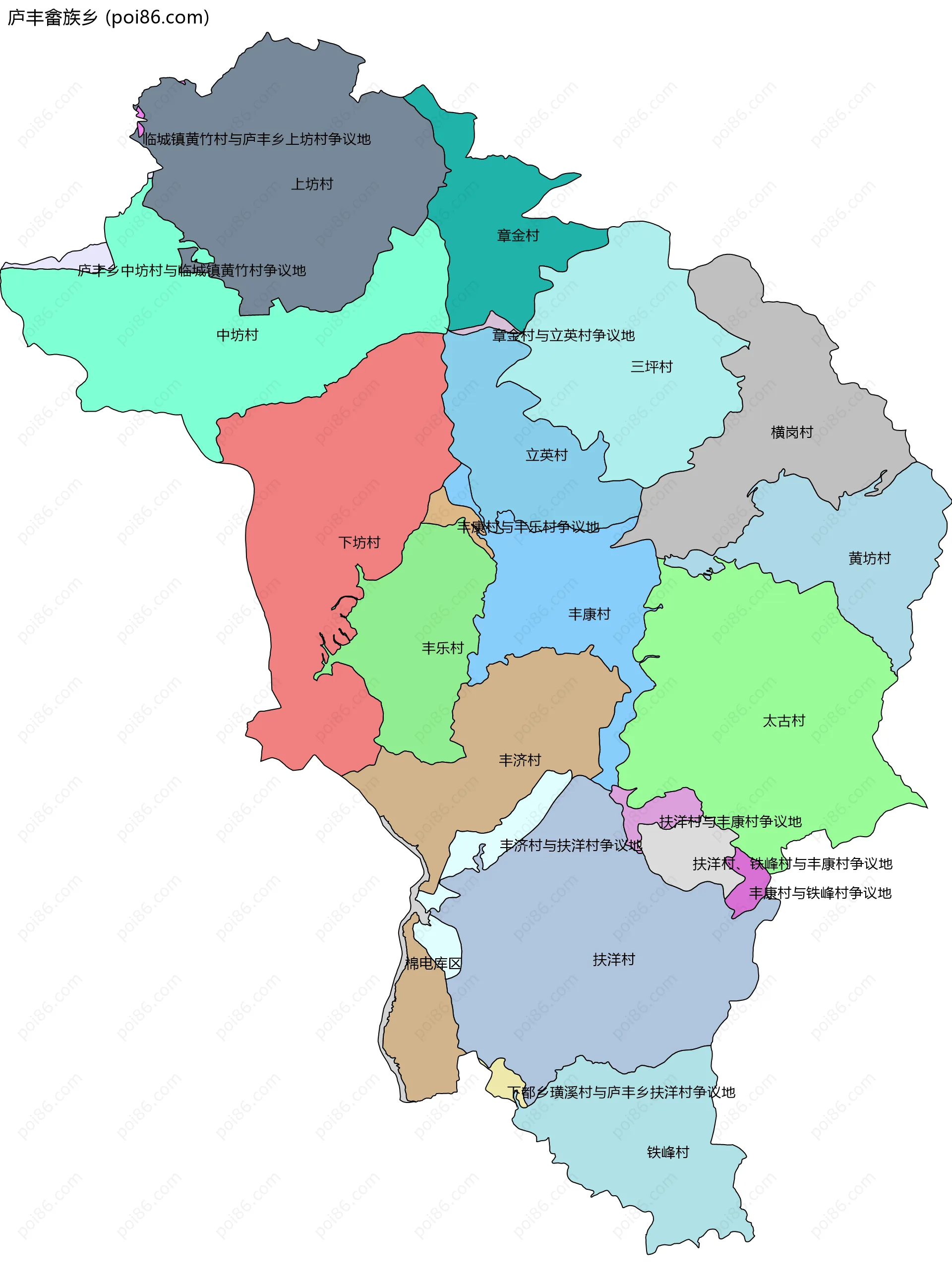 庐丰畲族乡边界地图(五级行政区划)