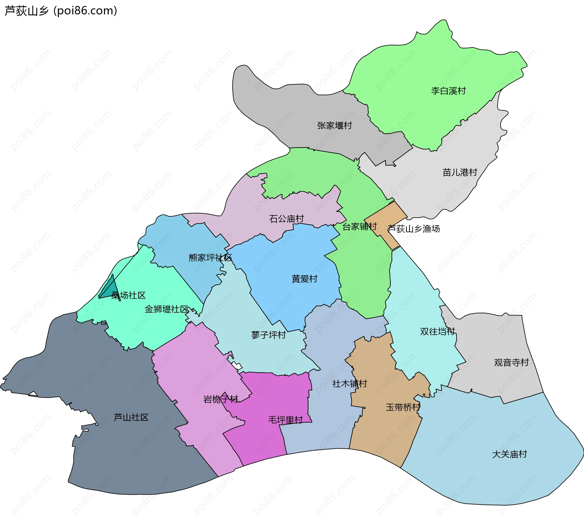芦荻山乡边界地图(五级行政区划)