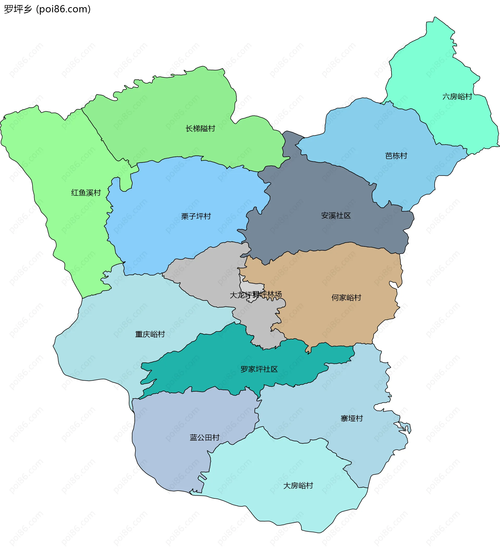 罗坪乡边界地图(五级行政区划)