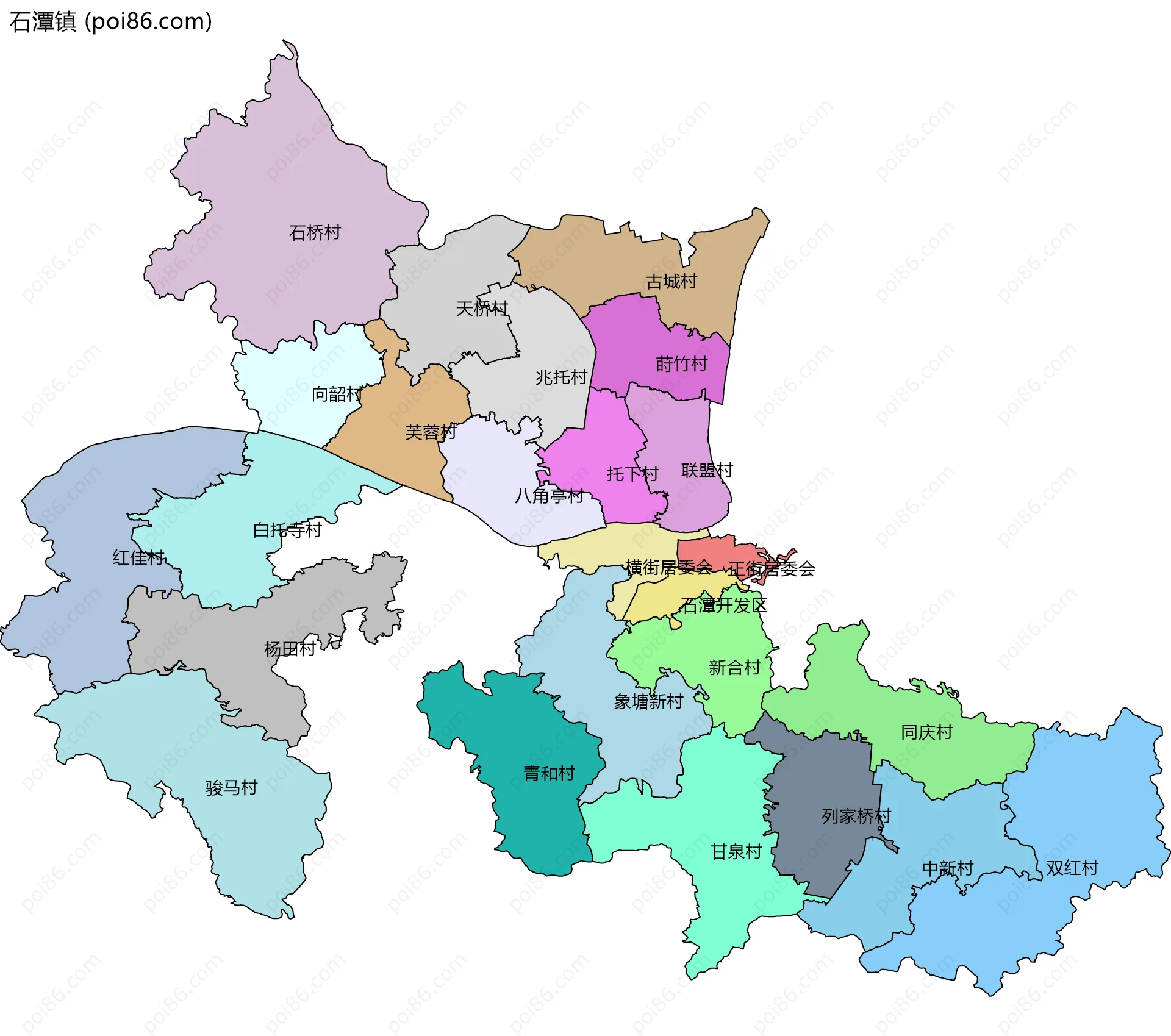 石潭镇边界地图(五级行政区划)