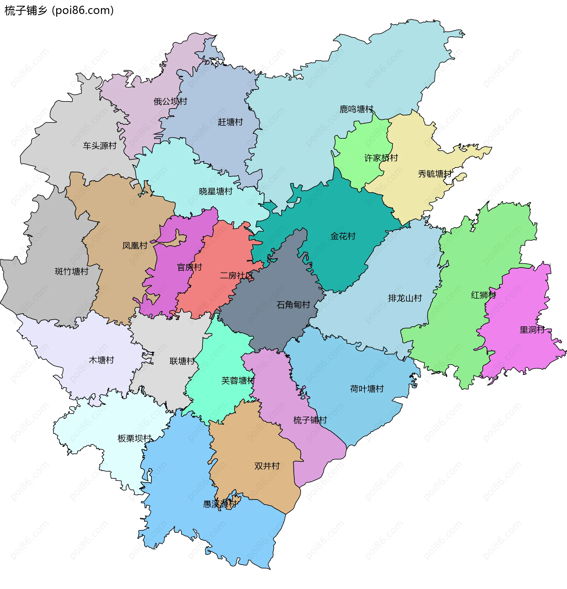 梳子铺乡边界地图(五级行政区划)